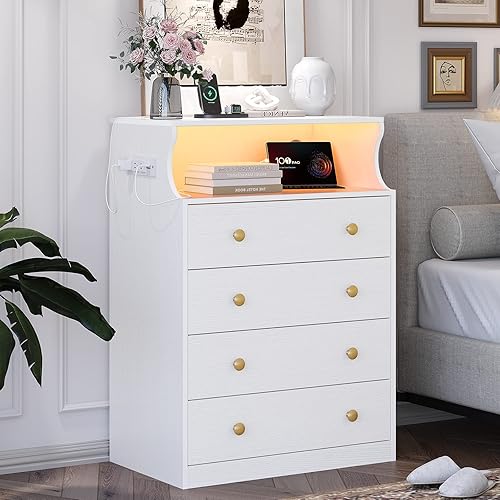 Miniatura 7 de EPHEX Cómoda para dormitorio con 4 cajones, cómoda con luces LED, cómoda blanca con compartimento de almacenamiento, unidad organizadora de