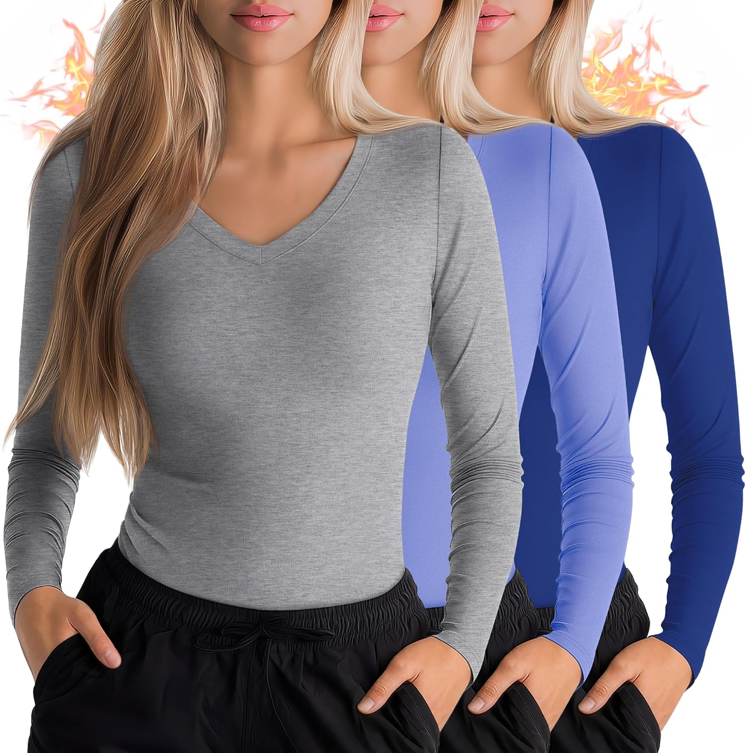 3 Pack Women's Under Scrubs Long Sleeve Shirt V Neck Thermal Fleece Slim Fit Stretchy Nurse Top Basic Layering Tee