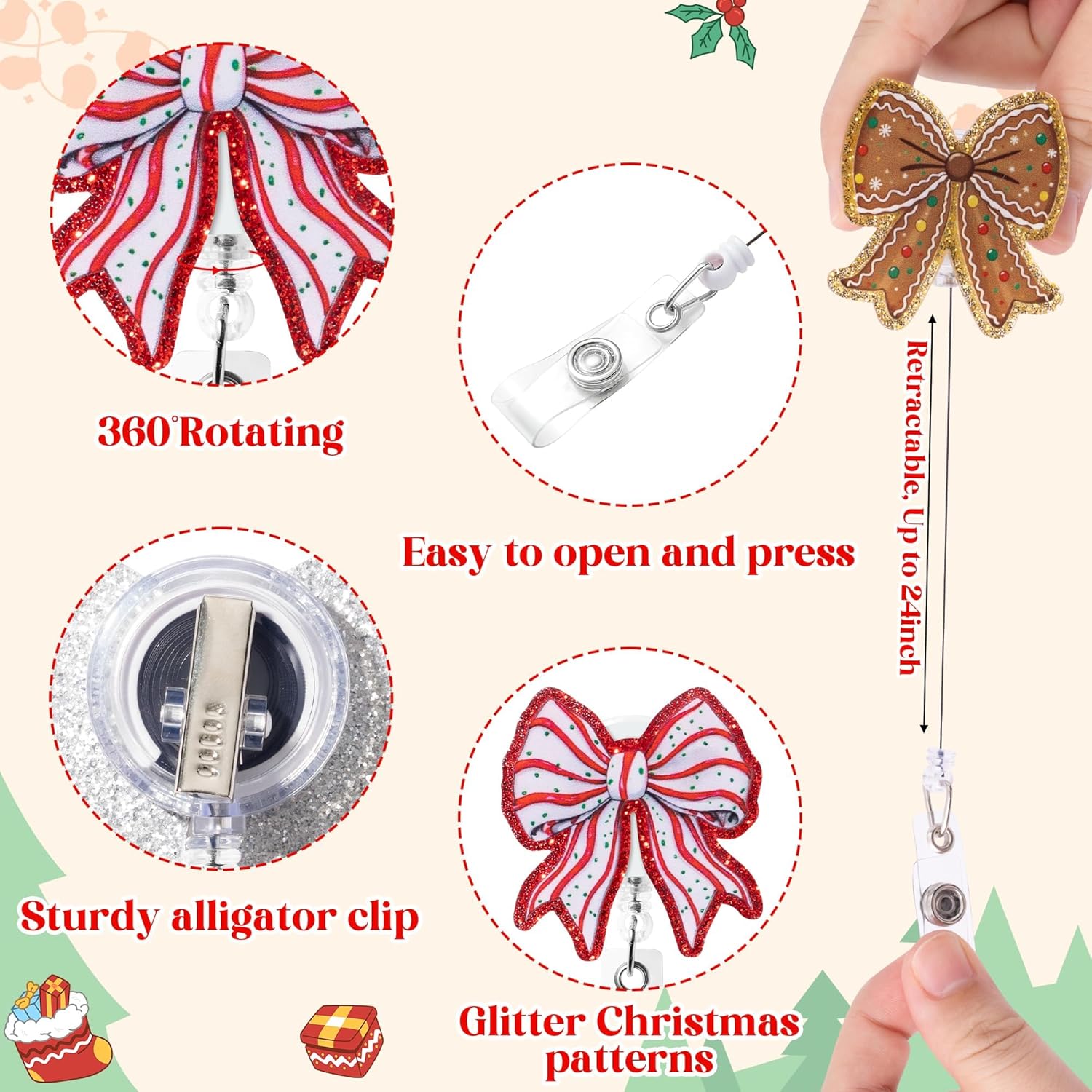 Valentine's Day Gifts Bow Badge Reel - 6Pcs Retractable Glitter Acrylic Cute Bowknot Badge Holders ID Holder Reels Clip for Nurse Doctor Teacher Student Office Supplies Birthday Spring Gifts - Image 3