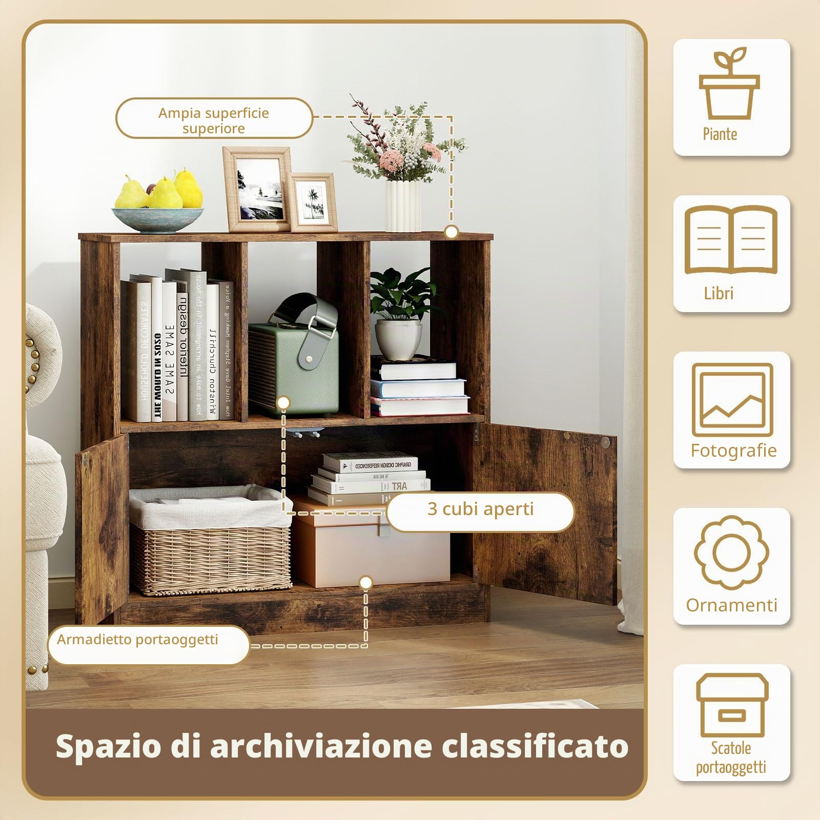 GIANTEX Libreria Moderna 70x30x70 cm, Armadio 3 Livelli + 3 Cubi Scaffali Aperti, Mobile Portaoggetti per Soggiorno Ufficio Camera da Letto