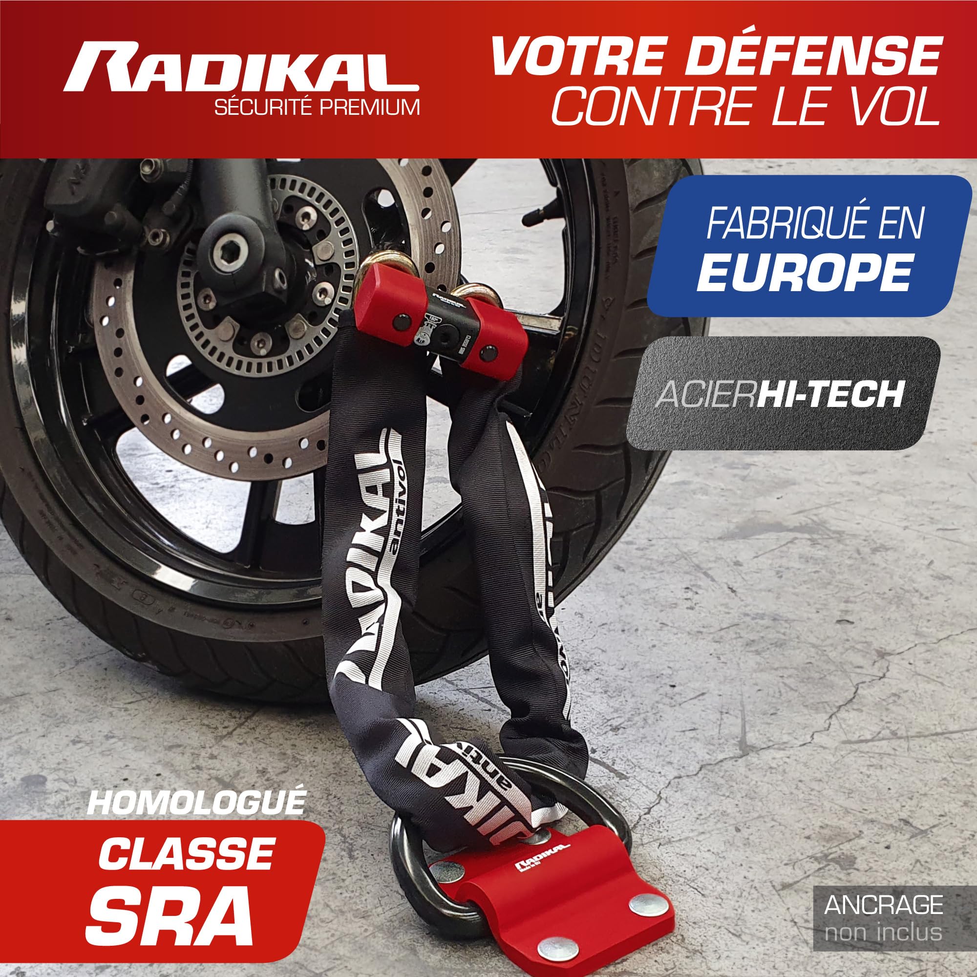 RADIKAL RK48120 Antivol Moto Homologué SRA, Sécurité Premium, Mini U 18mm Chaîne Acier Cémenté 13,5mm Testée contre Sciage Coupe-Boulons, Multifonction Bloque Disque/Chaîne 120cm pour Ancrage Garage