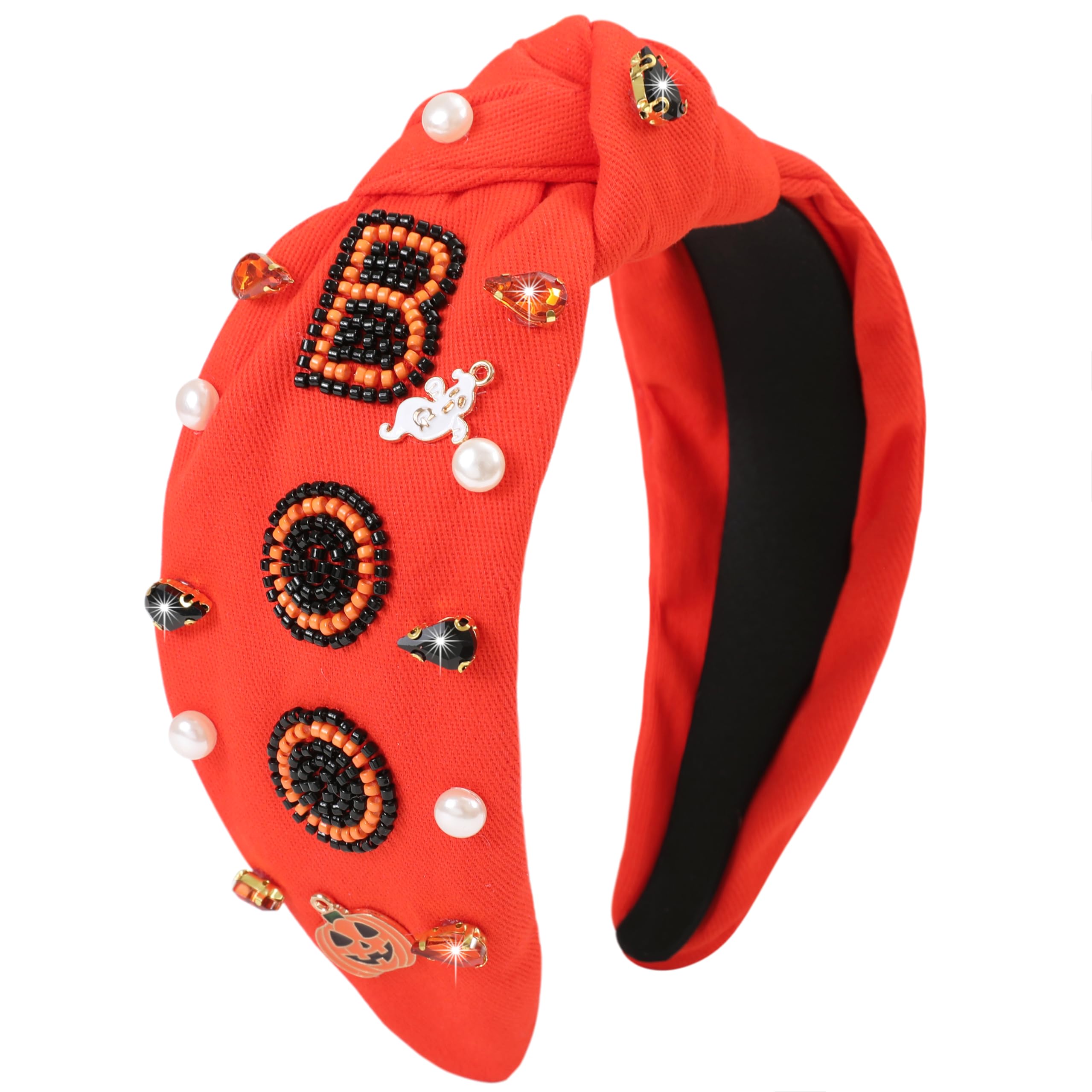 Gmmidea Halloween Boo Headband for Women Crystal Pearl Knotted Hairband Beaded Black Orange Wide Knot Headband for Girls Adult Halloween Pumpkin Ghost