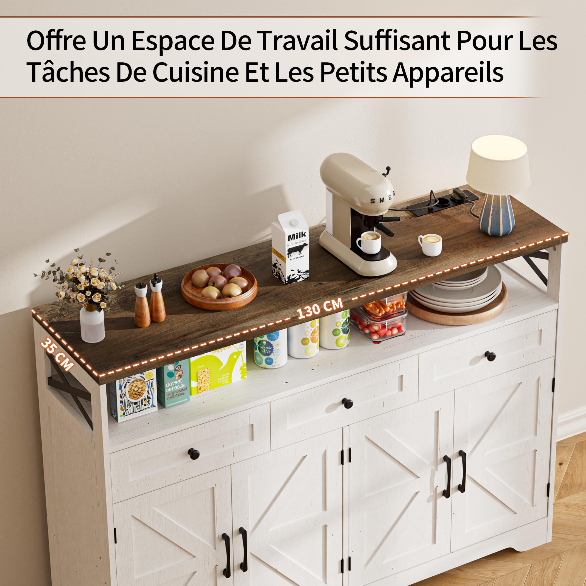 BonVache Meuble de Rangement, Buffet, avec Placard 4 Portes, 3 Tiroirs, Enfilade avec étagère Ouverte, pour Salle à Manger, Salon, Cuisine, entrée, 130 x 35 x 95 cm, Blanc