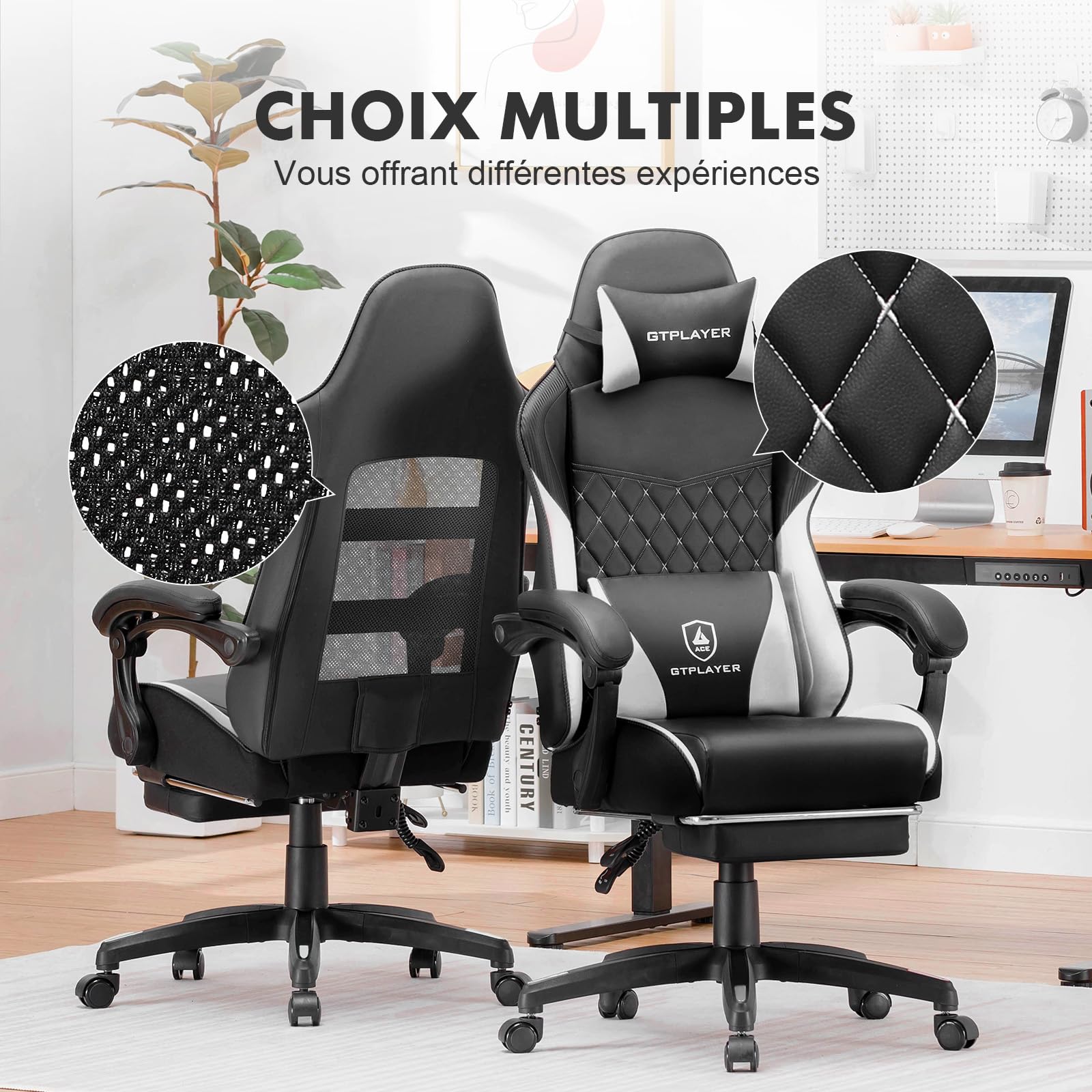 GTPLAYER Chaise Gaming, Chaise de Bureau Ergonomique Réglable en Hauteur, Utilisable en Hiver et en Été, avec Dossier Double, Repose-Pieds, Housse Amovible et Support Lombaire, Supporte 150 kg, Blanc