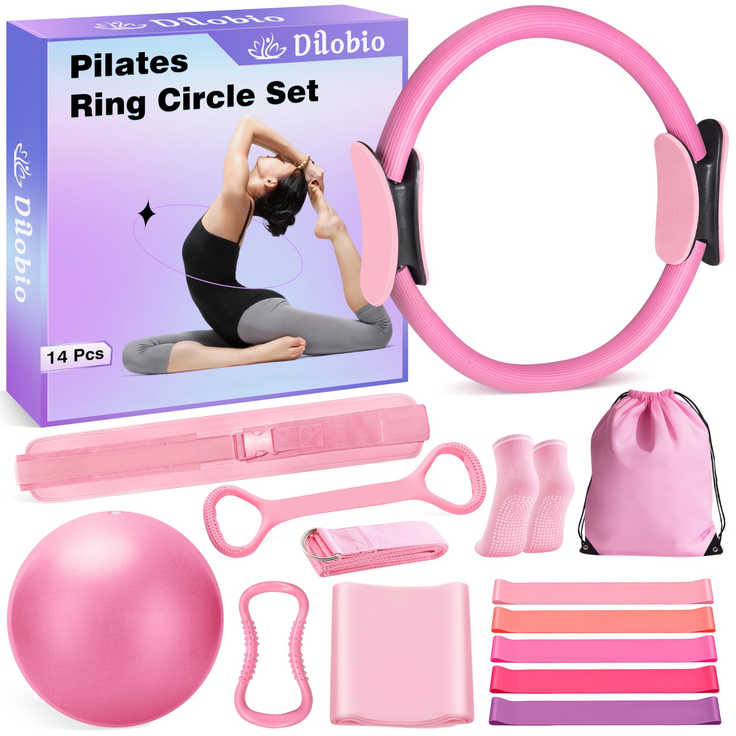 Dilobio Pilates Kit, Home Pilates Workout Kit for Women, Pilates Equipment Ring and Ball Set, 13" Magic Circle with 5 Resistance Bands, Hip Thrust Belt & Accessories, Toning Fitness Starter Set