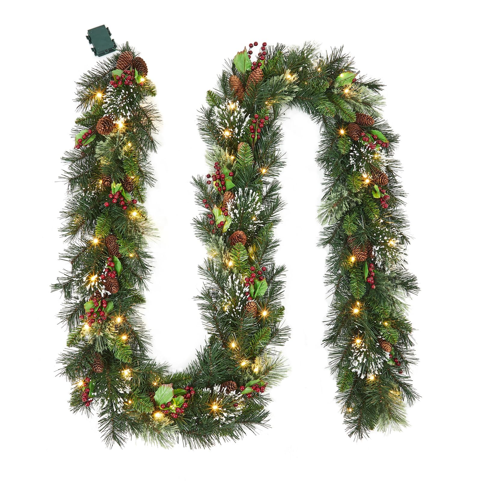 2.7M/ 9FT Pre-Lit Christmas Garland with Pine Cones and Red Berries