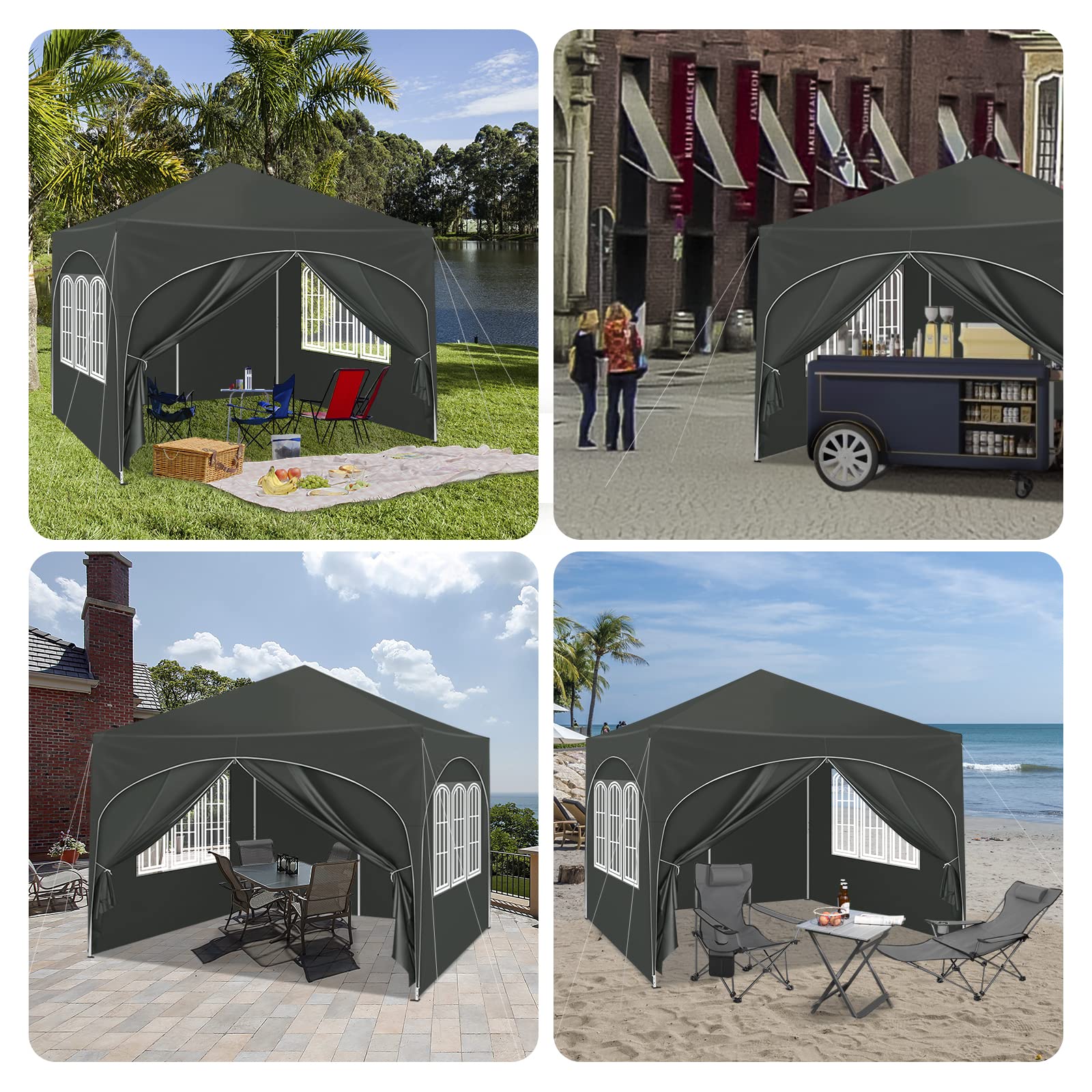 WOLTU Pabellón de Jardín Cenador Plegable Pérgola con Techo Carpa para Exteriores de Tela Oxford, 3x3 m, con Paredes Laterales Altura Ajustable para Camping y Playa,Gris