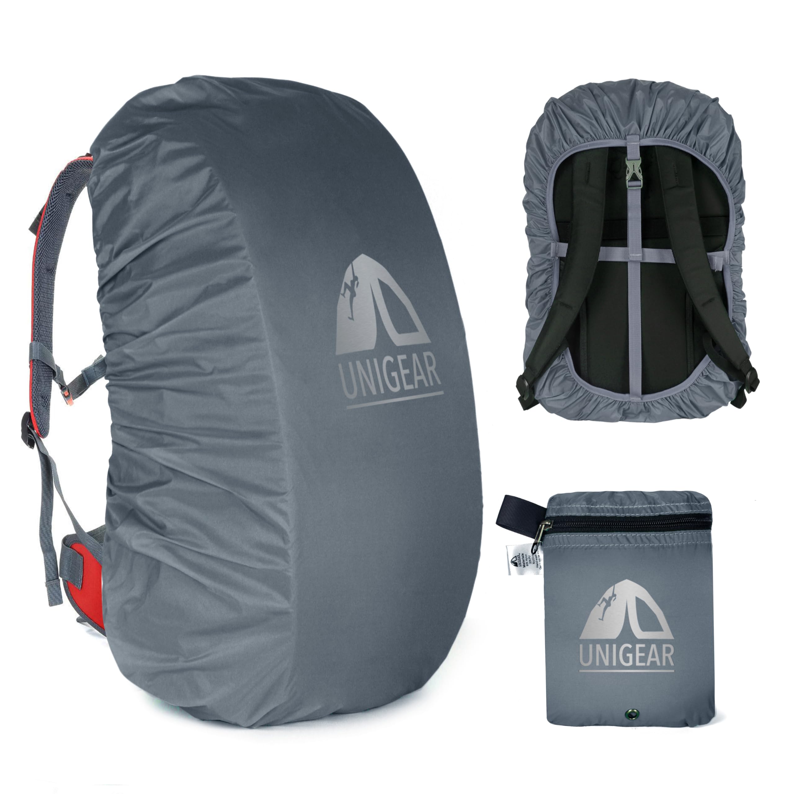 Unigear Backpack Rain Cover Waterproof Rating 5000mm Ultraportable and Durable with 2 Anti-Slip Buckle Strap, Integrated Carry Pouch Design (Gray, Meidum)