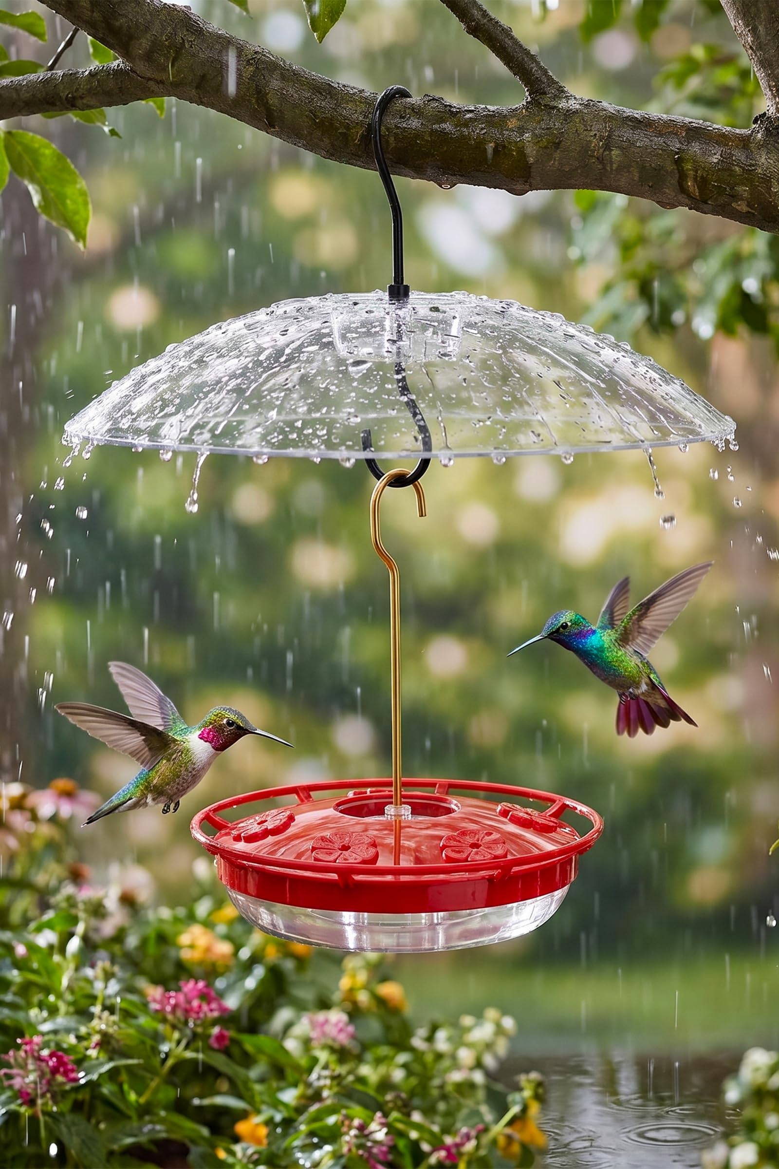 FEED GARDEN Hummingbird Feeder with Rainproof Dome, 16oz Nectar Feeder 11.8" Rain Guard Weatherproof Ant Moat Easy Fill &amp; Clean Hanging Leak-Proof BPA-Free