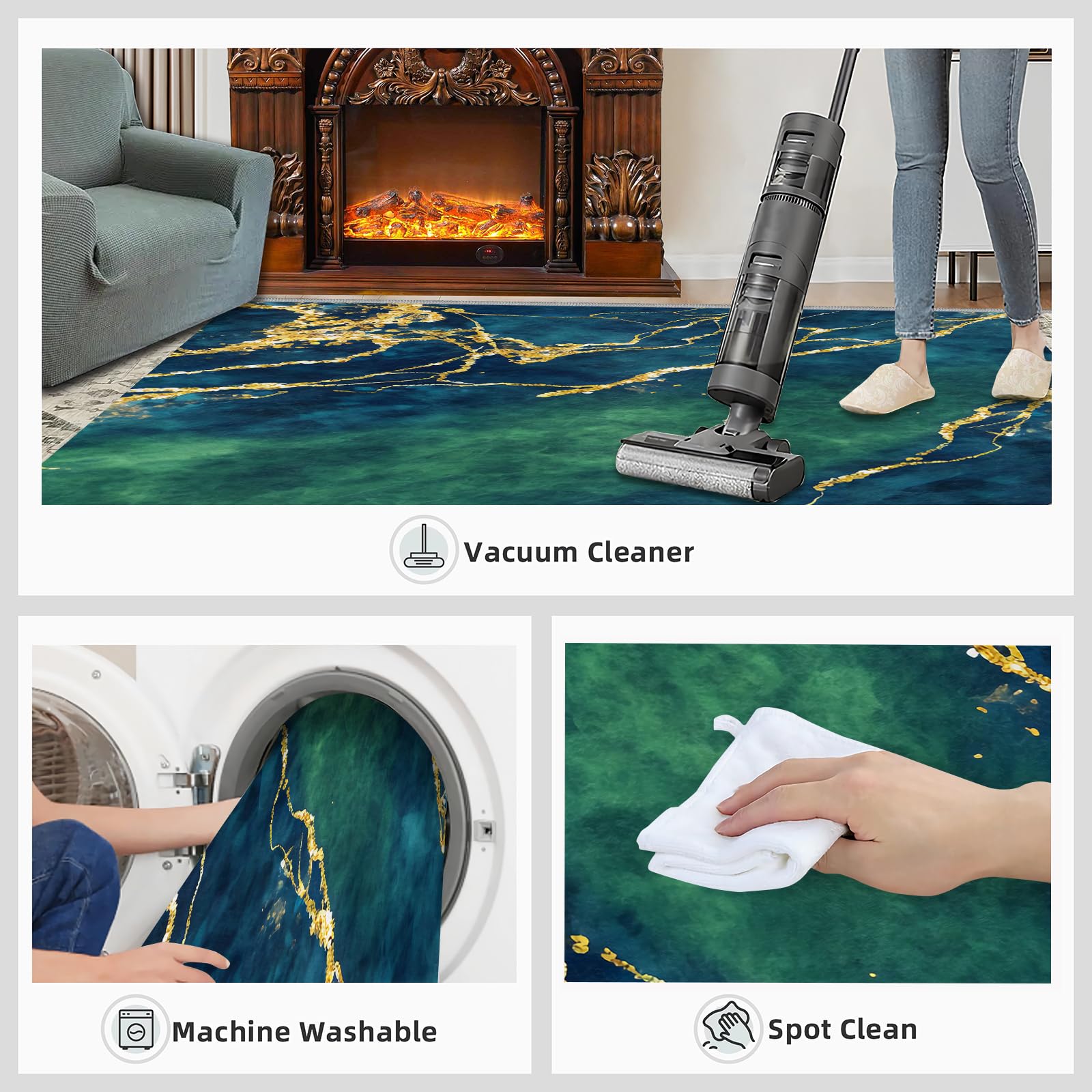 Tapis de marbre vert émeraude doré pour salon, 100x150 cm, tapis de luxe à motif géométrique abstrait pour chambre, tapis de cuisine antidérapant et lavable, tapis à poil court et doux pour