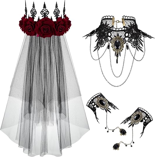 Dingion 5 Pcs Day of The Dead Headpiece Black Veil Halloween Gothic Crowns