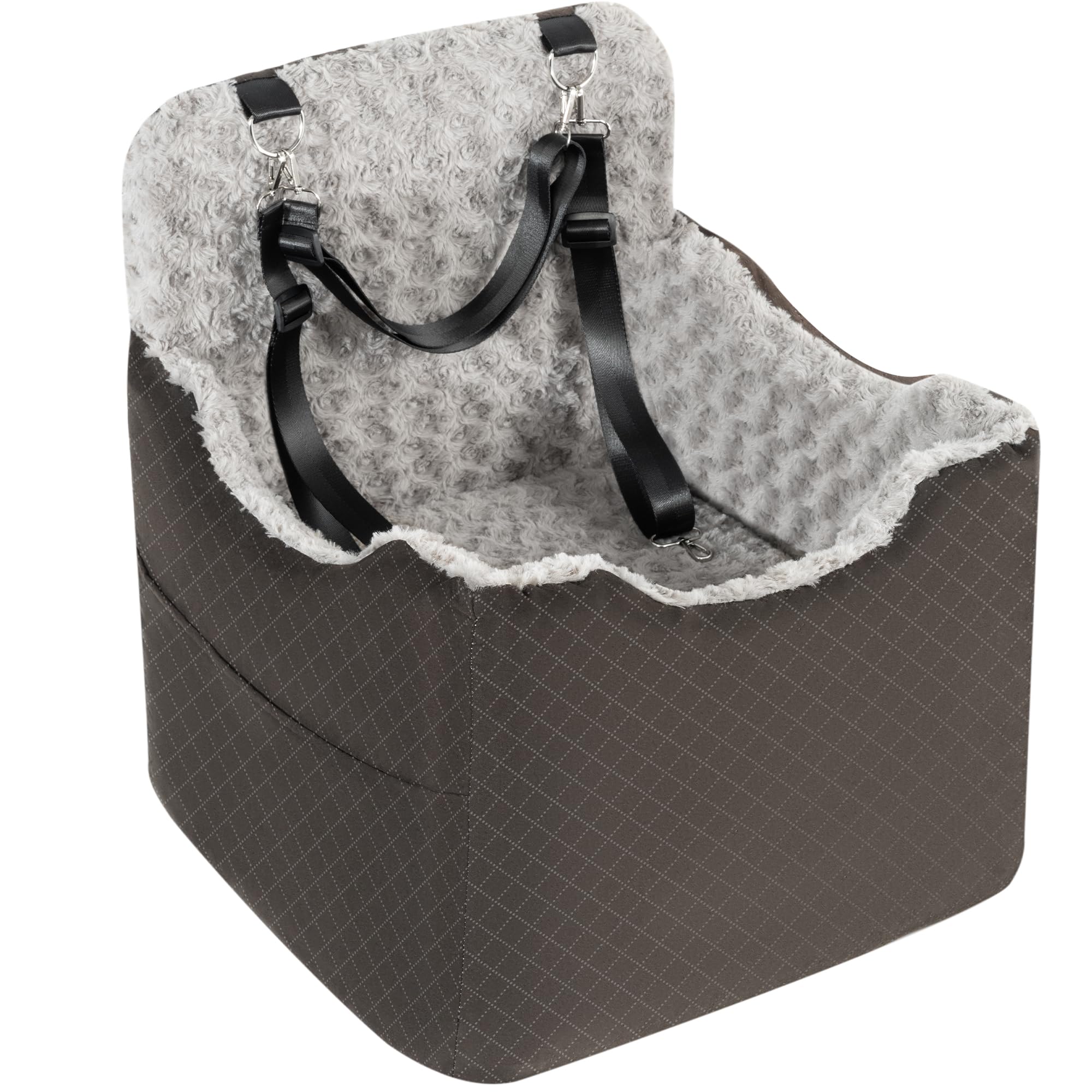 Dog Car Seat for Small Medium Dogs - 6.7inch Elevated Dog Booster Car Seats wih Soft Rose Velvet, Washable Travel Pet Carseat with 2 Safety Leashes and Storage Pockets(Grey/Black Coffee)