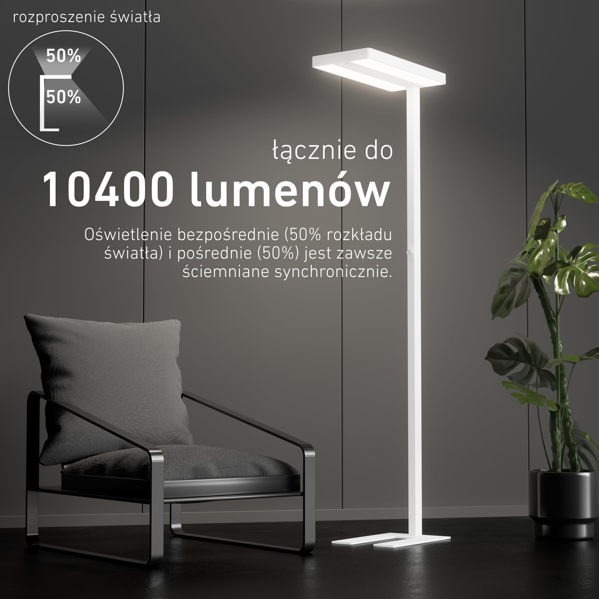 Oktaplex biurowa lampa stojąca Lyse ściemniana z czujnikiem neutralna biel 4000 K aluminiowa lampa stojąca 10400 lm światło dzienne reflektor sufitowy biały 80 W