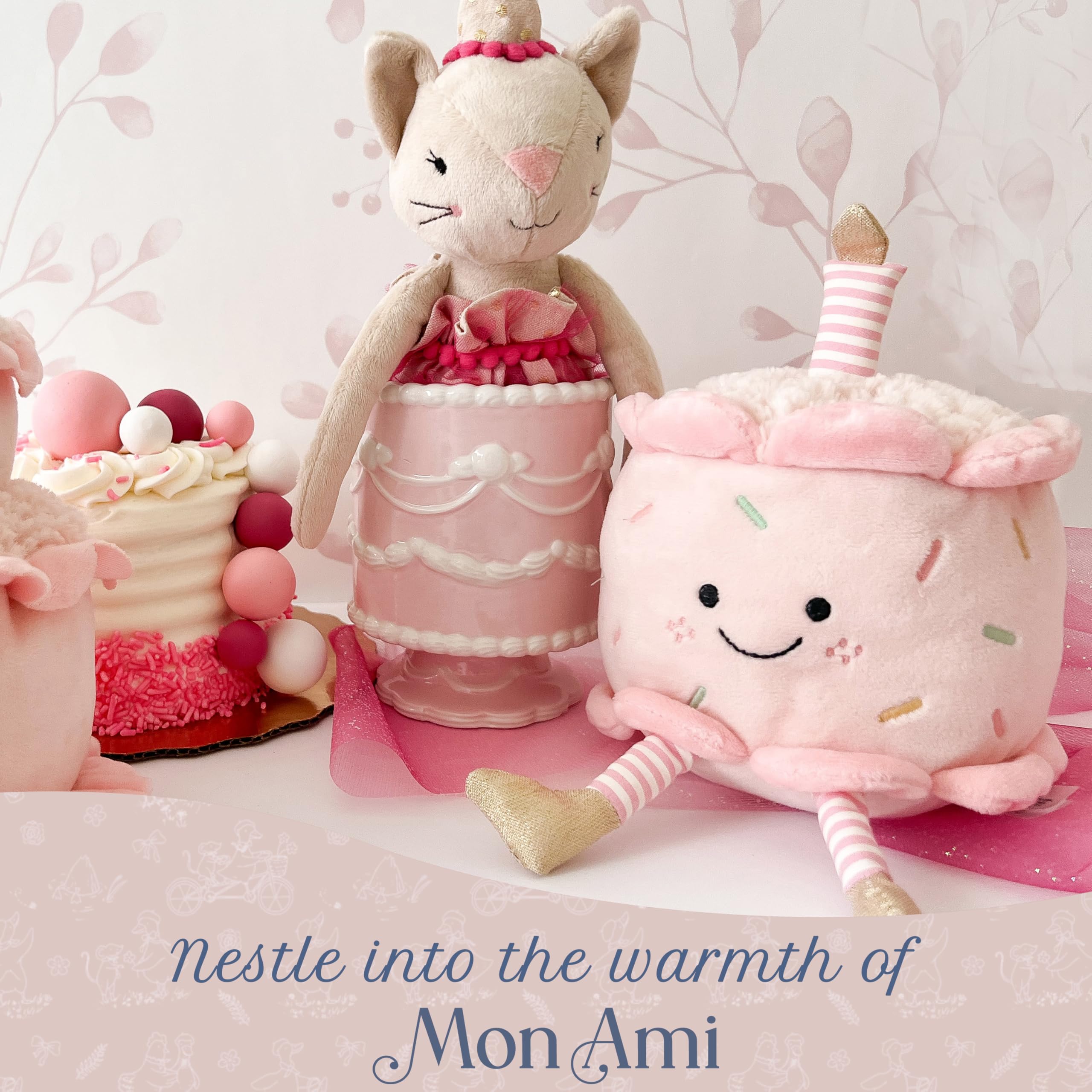 MON AMI  Soft Stuffed Plush Toy – 7”, Handcrafted Squishable Fruit Plushie, Use as Toy or Nursery Room Décor, Great Gift for Kids of All Ages: Birthday Cake (Pink)