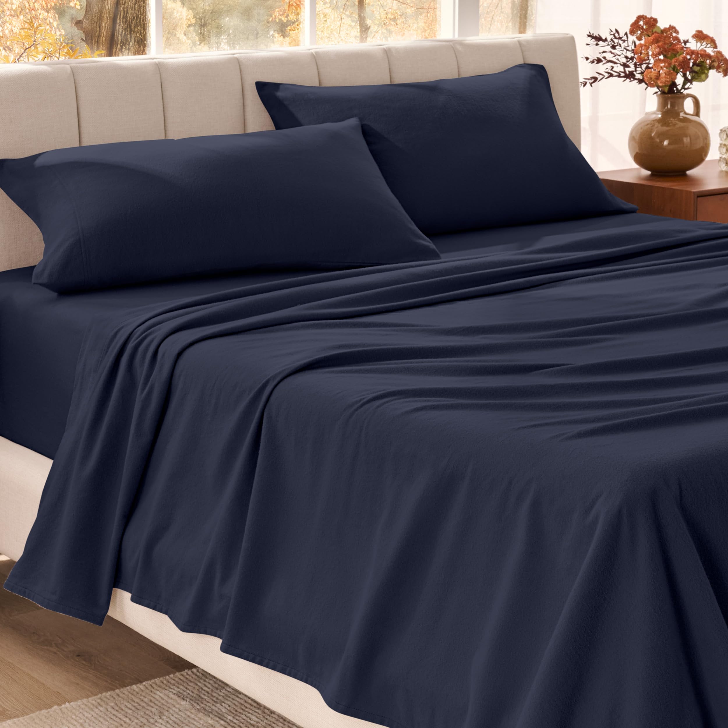 Bare Home 100% Organic Cotton Flannel Sheet Set (Split King, Midnight Blue)
