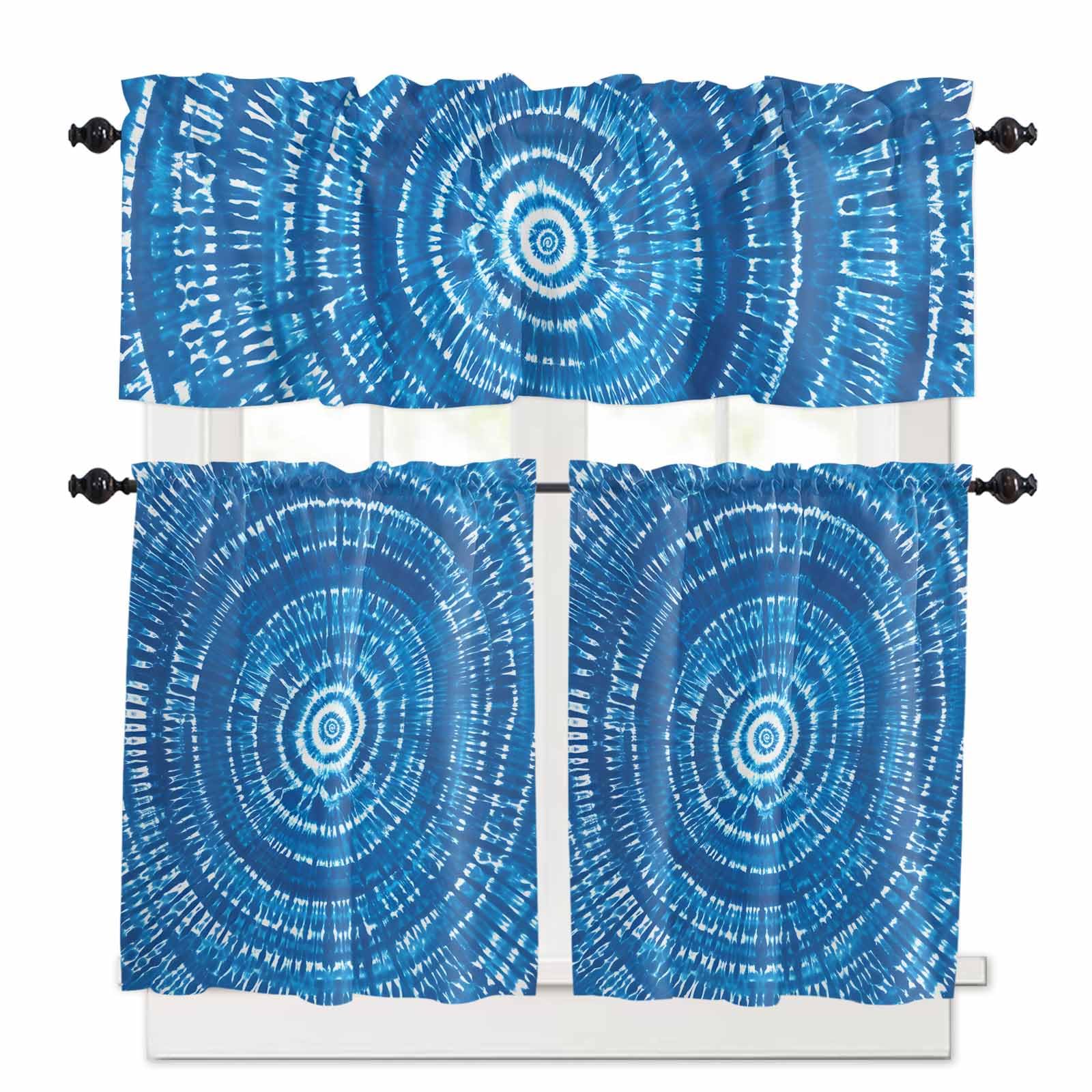 Blue Boho Geometric Kitchen Curtains 24 Inch Length, 3 Piece Rod Pocket Small Half Tiers and Valance Set, Ombre Abstract Tie Dye Aesthetic Small Large Window Treatment Decor for Bedroom/Bathroom Sink
