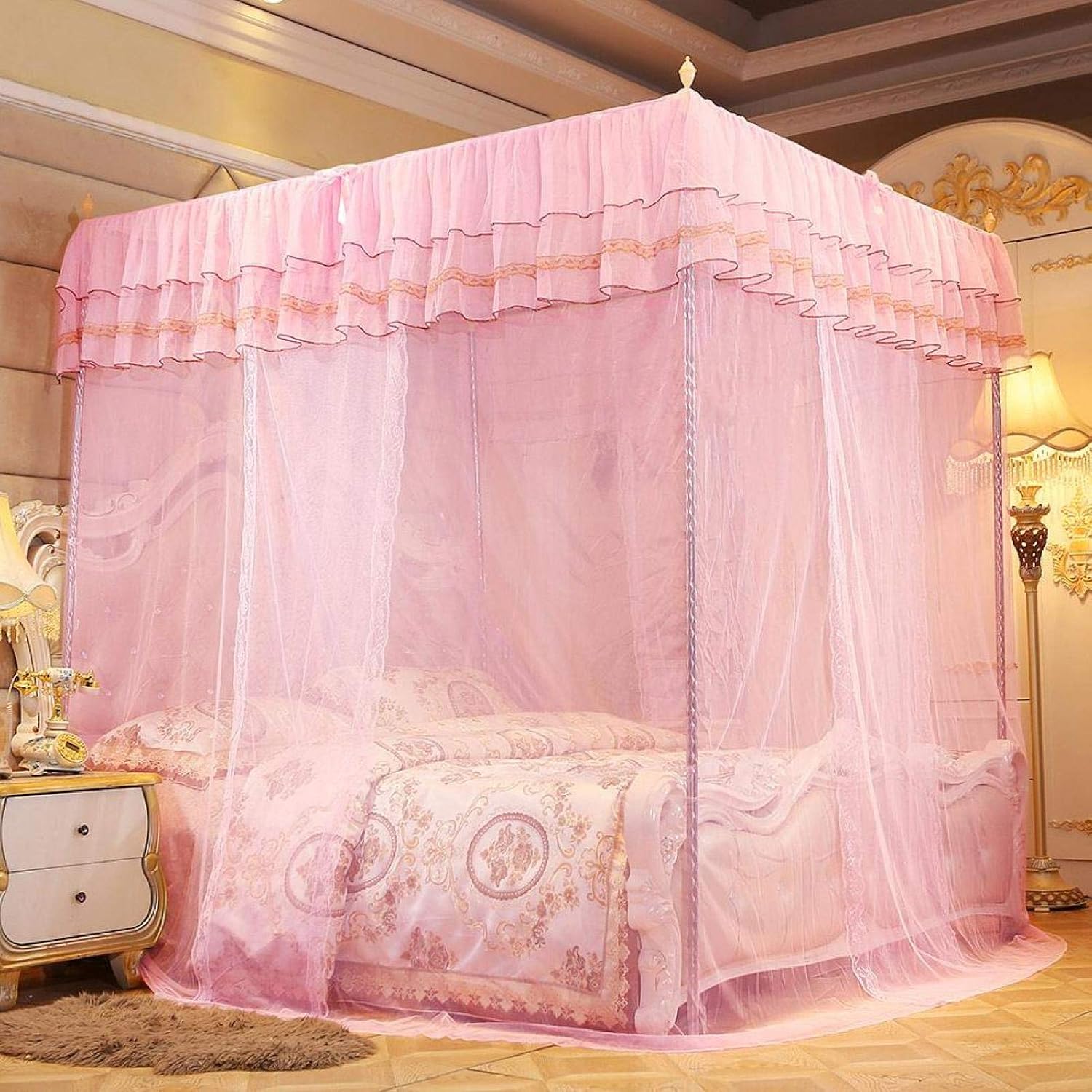 Cryfokt 4 Corners Post Canopy Bed Curtain, Luxury Princess Three Side Openings Post Bed Curtain Canopy Netting Net Bedroom Decoration Accessories(L)