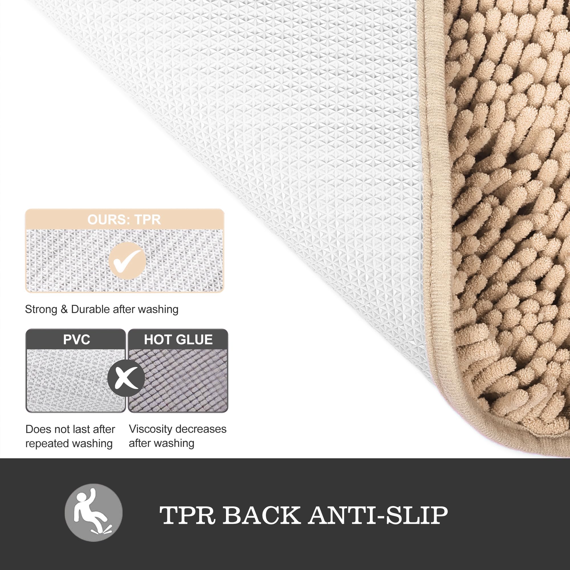 Yeaban Tappeto da bagno 101 x 152 cm, in ciniglia spessa, tappetino da bagno lungo, assorbente e lavabile, extra large, antiscivolo, morbido, per bagno, doccia, lavandino (crema avorio) - Vista 3