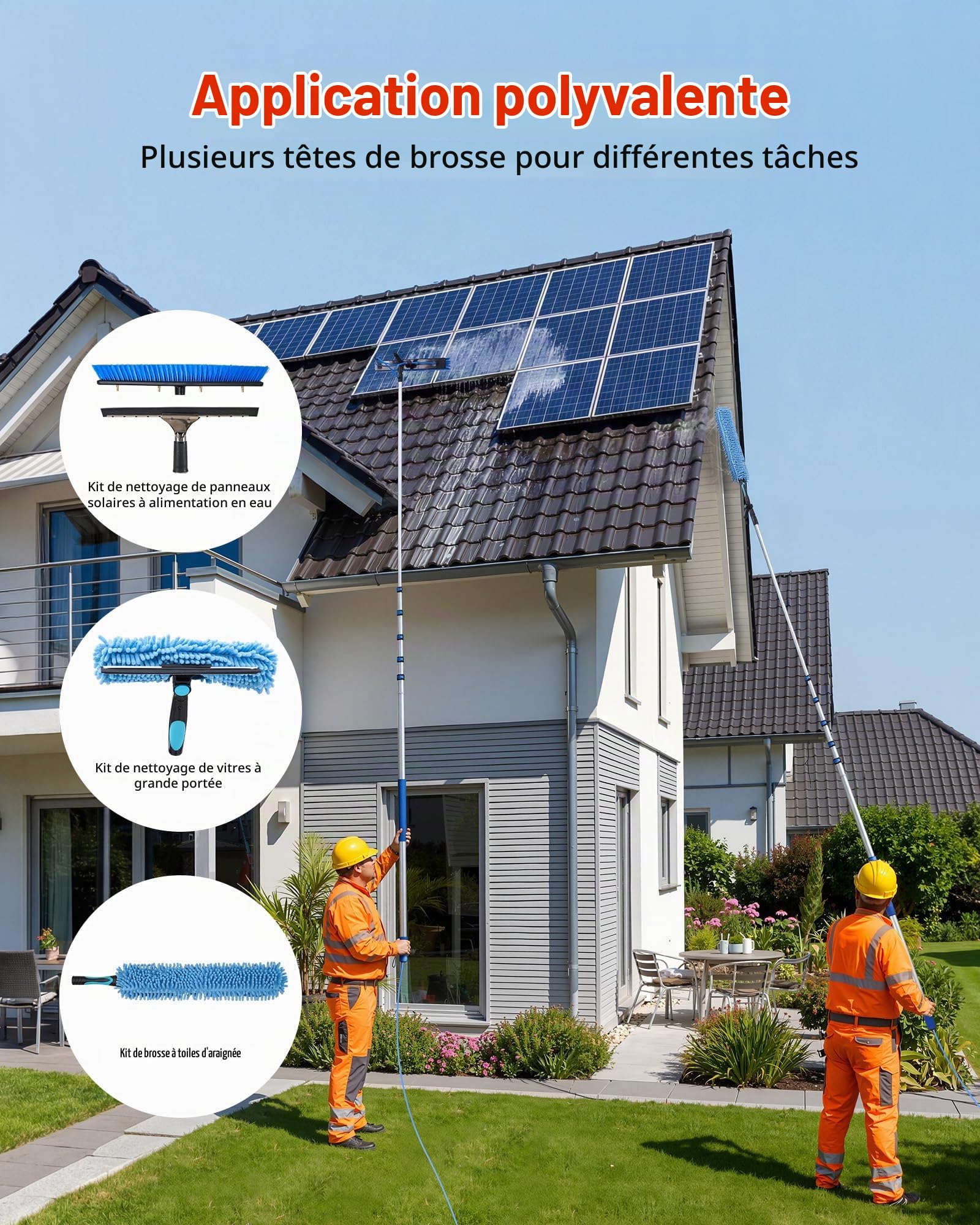 VEVOR Kit Nettoyage pour Panneaux Solaires 10 m Brosse Télescopique Nettoyage Passage Eau Perche Alliage Alu pour Panneaux Solaires Toit, avec Tête Brosse Rotative 180°, Raclette, Distributeur Savon