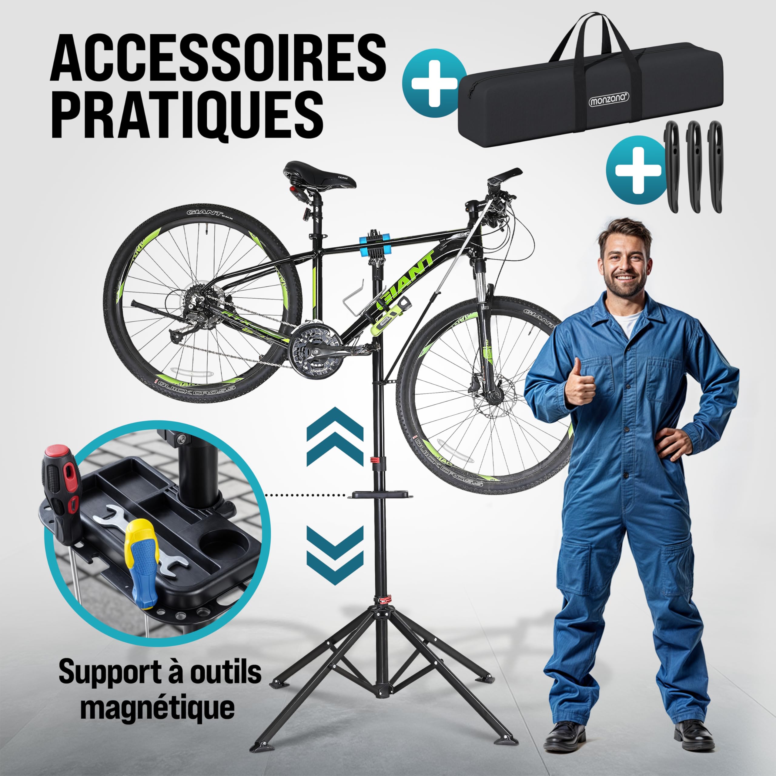 Pied D'Atelier Vélo Pliable MONZANA - Support Réglable Jusqu'à 190cm Pour Réparation