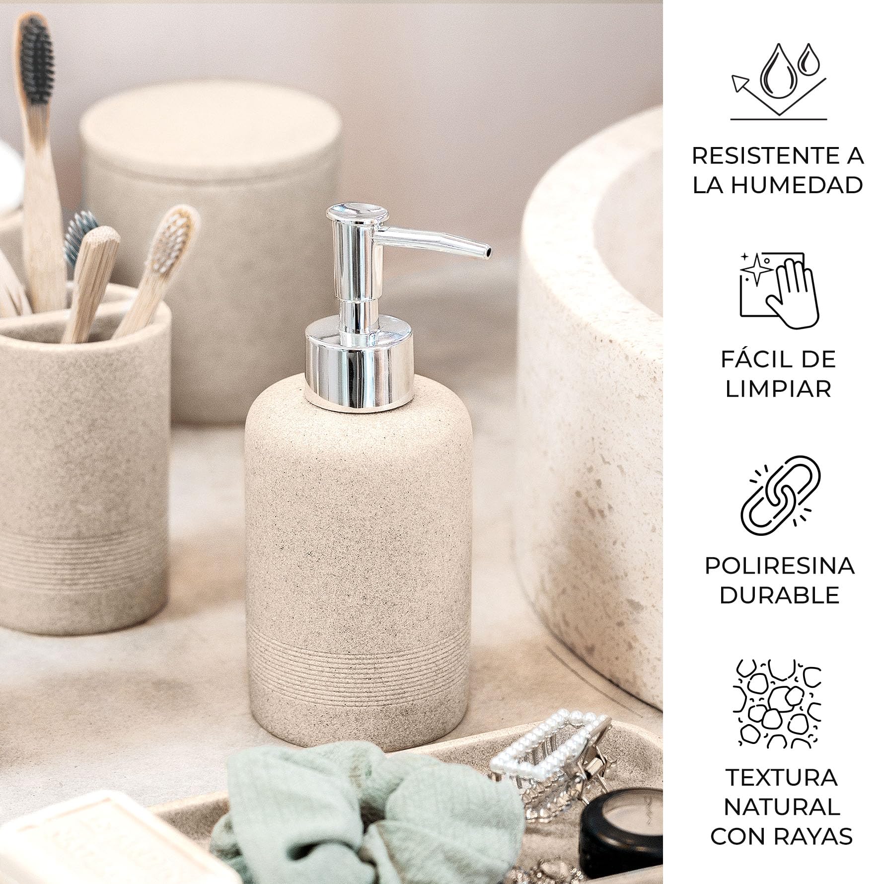 Juego de 6 Accesorios de baño Beige con Dispensador de jabón y Organizador Decorativo para encimera