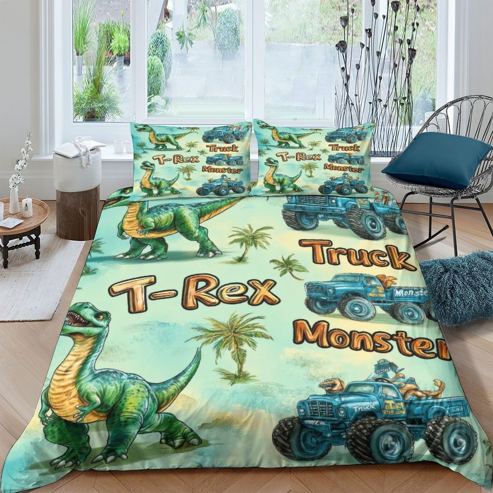 Ctjqhvkz Style-1 3D Printed Dinosaur Jungle Fitted Sheet Microfiber Soft Anti-Slip Monster Truck Mattress Cover For Bedroom Guest Room Decor Single（135X200cm）