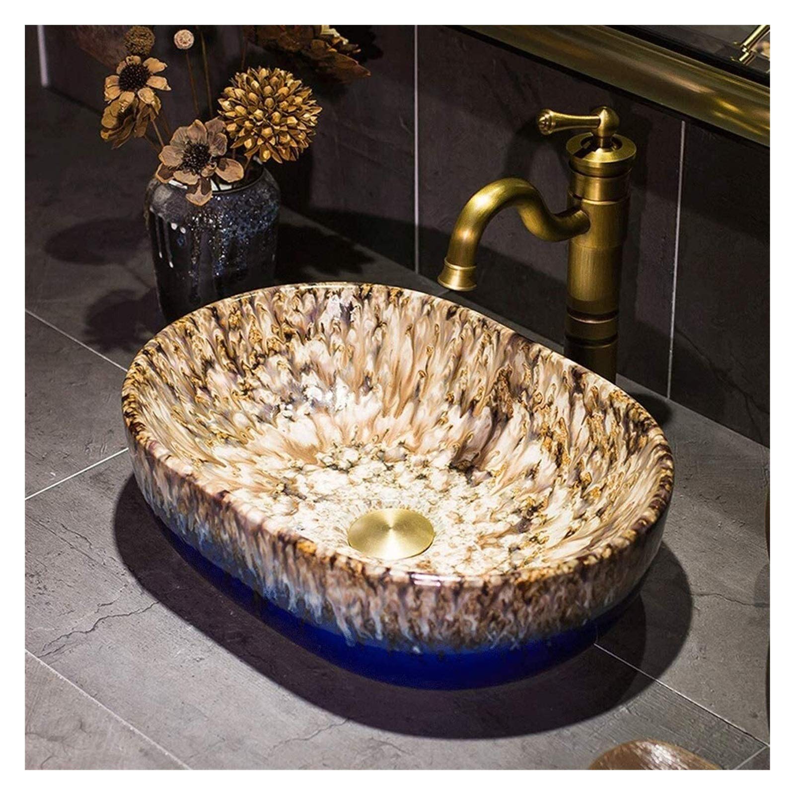 WOTZOV Vanity Unit With Basin,Bathroom Basin Vessels Sink Countertop Basin, Ceramic Bathroom Vessel Sink Oval Countertop Sink Bowl Hand-Painted Above Counter Wash Basin