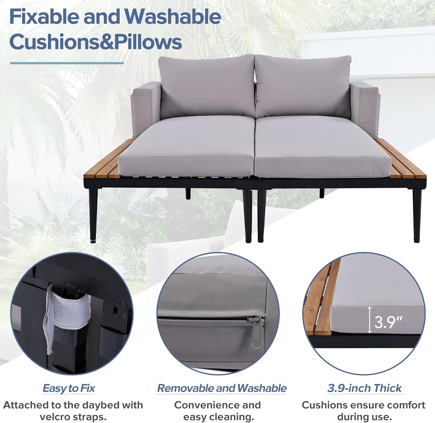 RuiSiSi Outdoor Double Metal Daybed, with Wood Topped Side for Drinks, 2 in 1 Padded Sun Lounger with Cushions & Pillows, Patio Chaise Lounge Chair for Poolside Lawn Garden, Gray