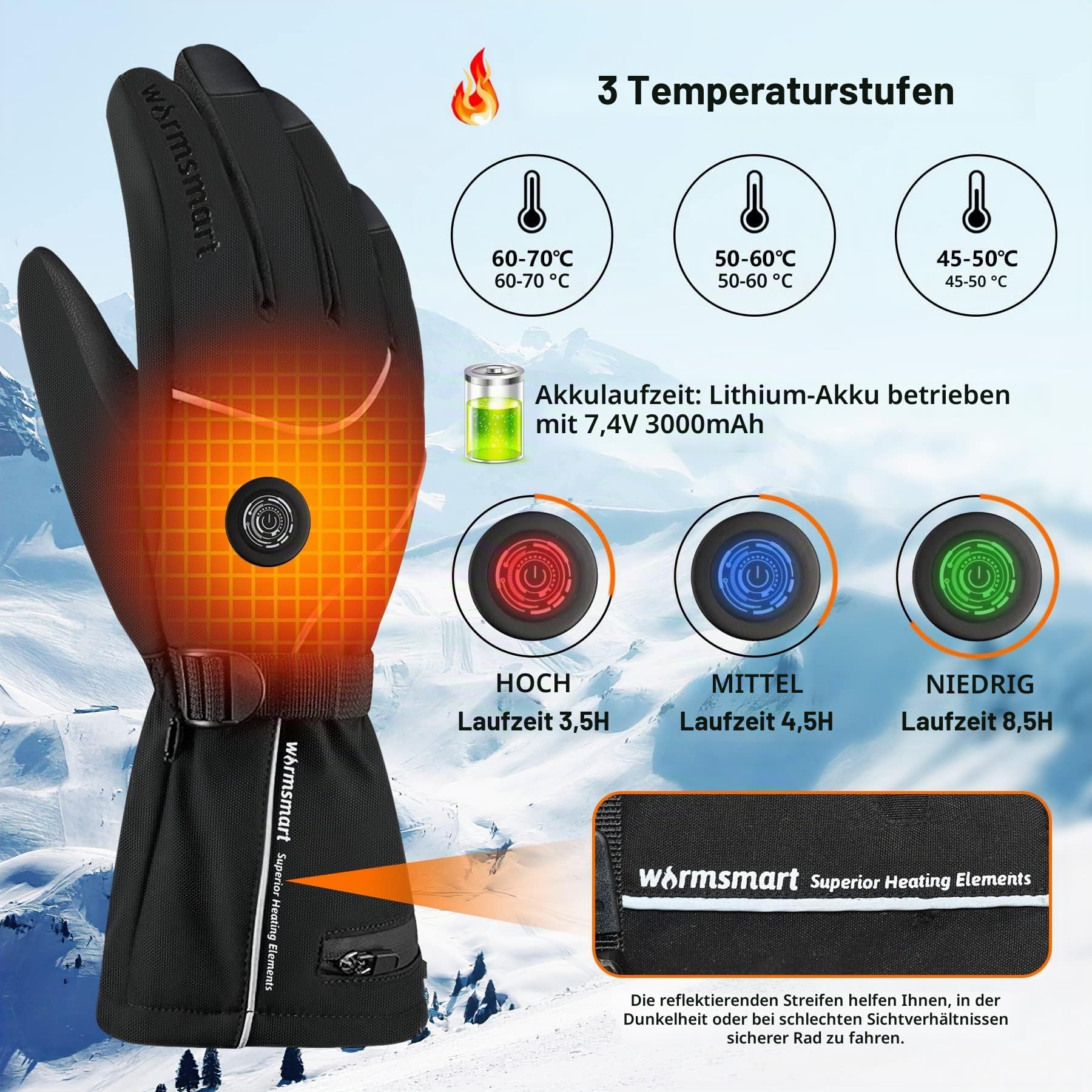 Beheizbare Handschuhe, 7.4V 3000mAh Beheizte Handschuhe für Damen Herren, Winddicht Touchscreen Heizung Wiederaufladbar Beheizte Motorradhandschuhe für Outdoor Wandern Motorrad Camping