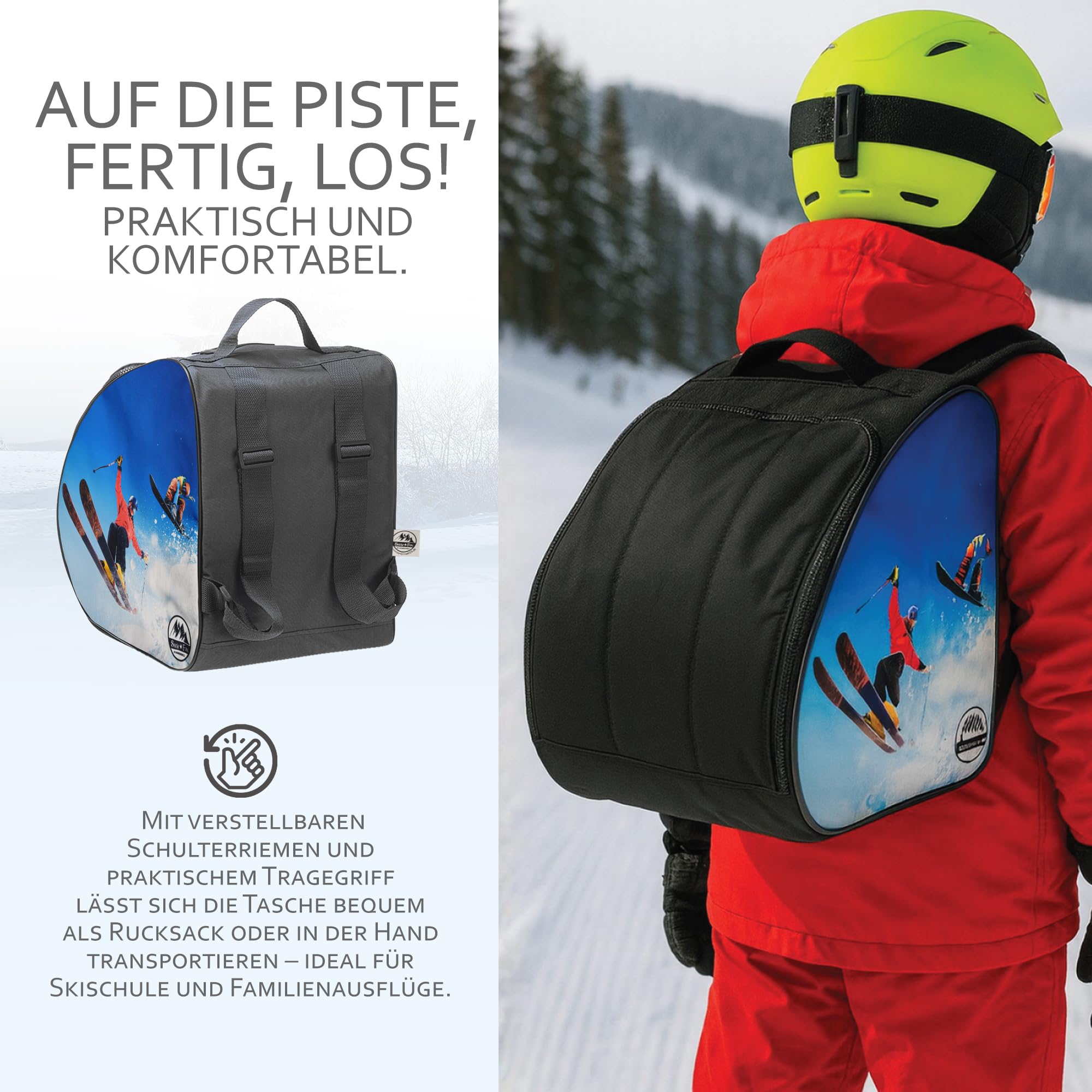 BambiniWelt by Rafael K. Kinder Skistiefeltasche [Ski-Schuh-Tasche für Kinder] Skiboots Rucksack integrierte Standfläche Platz für Boots Helm Skibrille Handschuhe Kinder-Skischuhrucksack