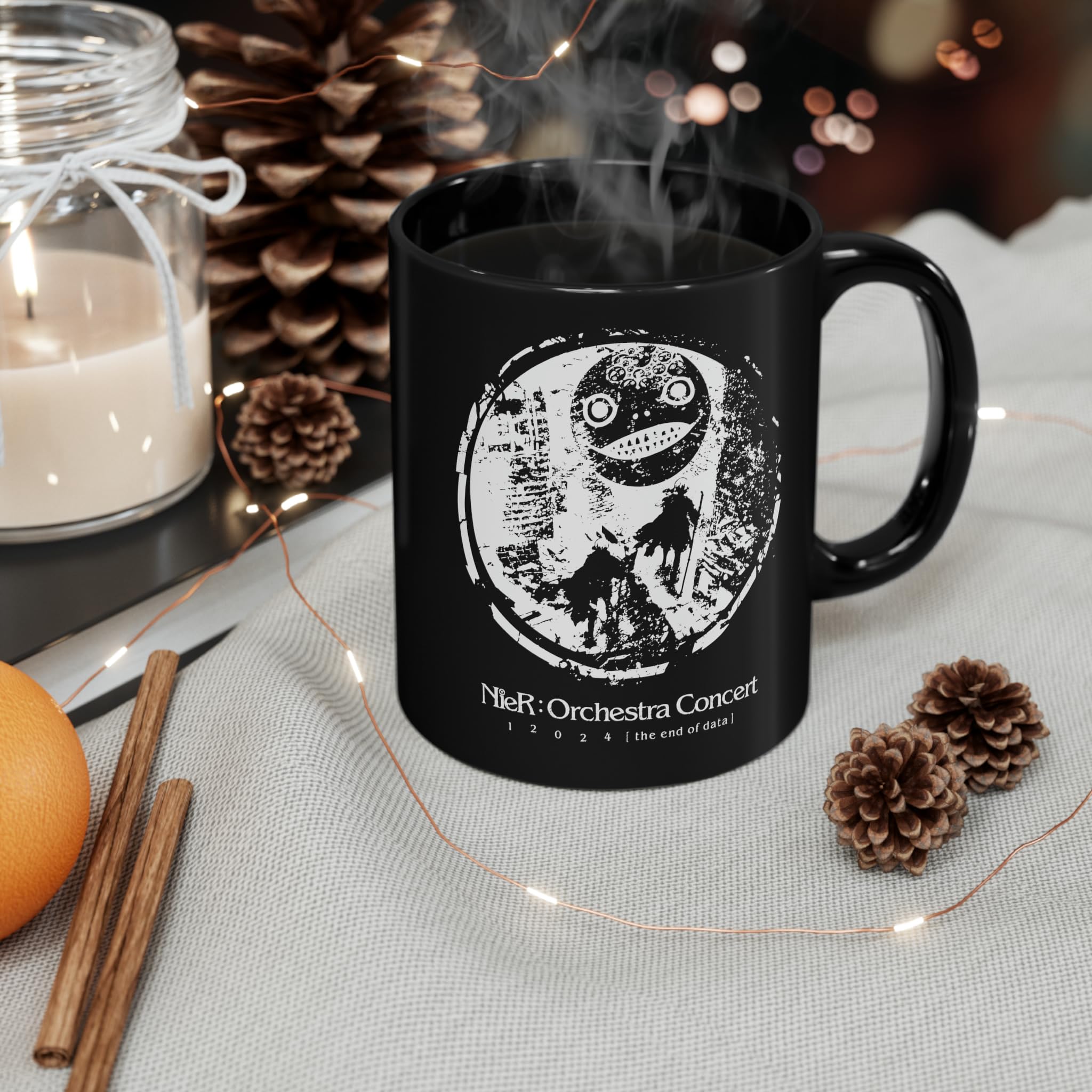 Generic NieR Orchestra Concert design - Emil/Yoko Taro mask 2B & 9S Black Mug, 11 Ounce