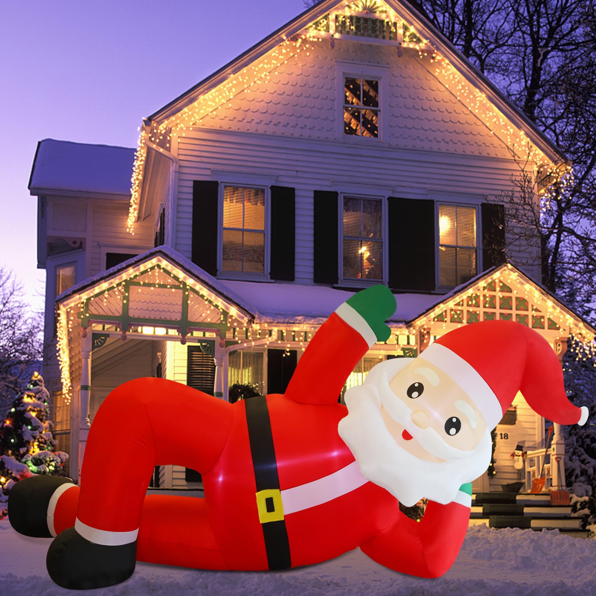 Juegoal Decoraciones inflables de Navidad al aire libre, Papá Noel inflable de 12 pies de largo, Papá Noel gigante iluminado con luces LED integradas, decoración de jardín