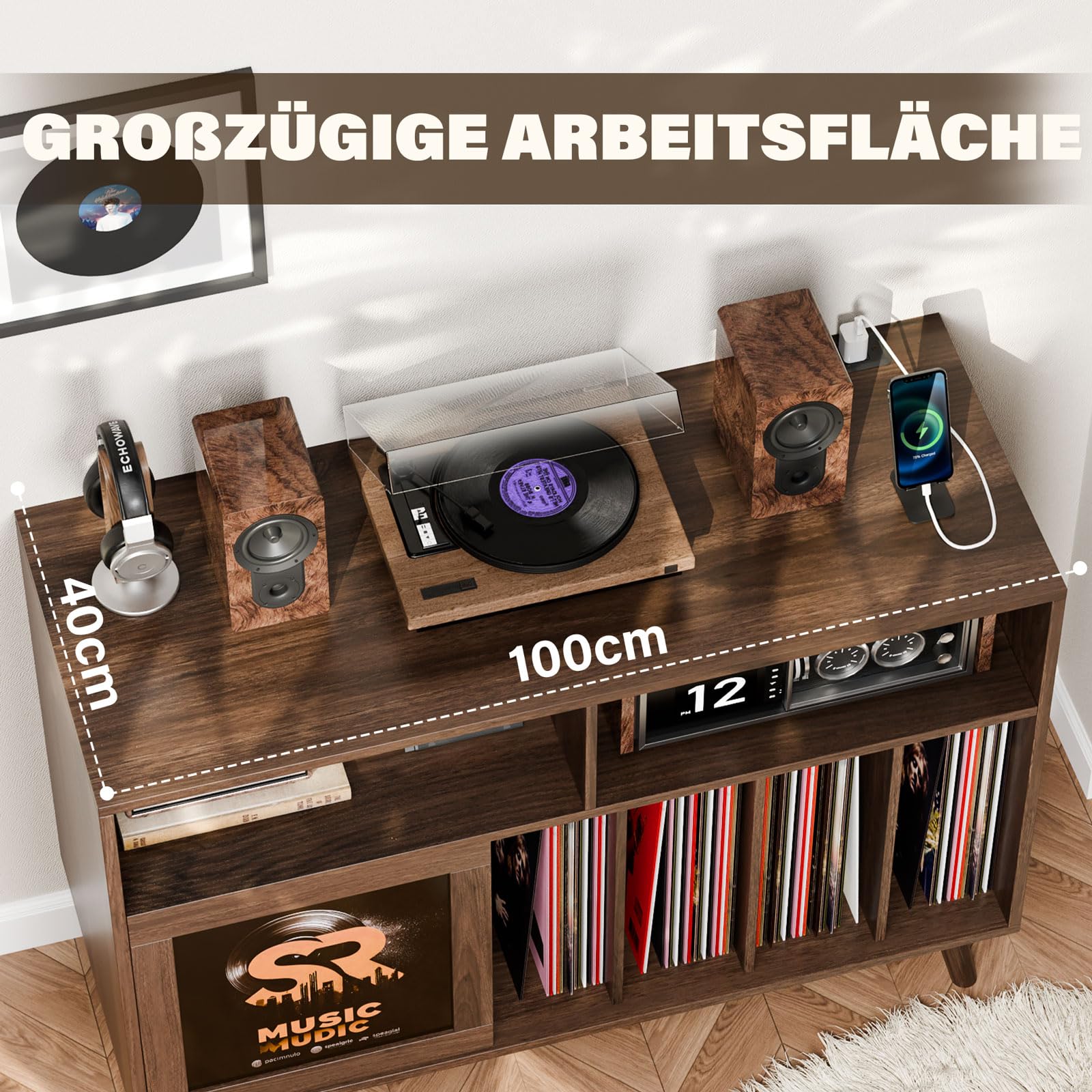 Großer Plattenspieler-Ständer mit Schiebetüren, Plattenständer für über 500 Schallplatten mit Ladestation, Vinylplatten-Halterung mit Ausstellungsfläche, Plattenspieler-Tisch aus Holz für Wohnzimmer