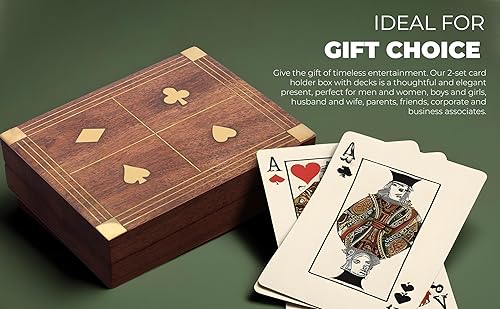 Miniatura 6 de Ajuny Caja decorativa hecha a mano de madera de doble cubierta para cartas, estuche organizador de latón con incrustaciones de latón con 2 paquetes