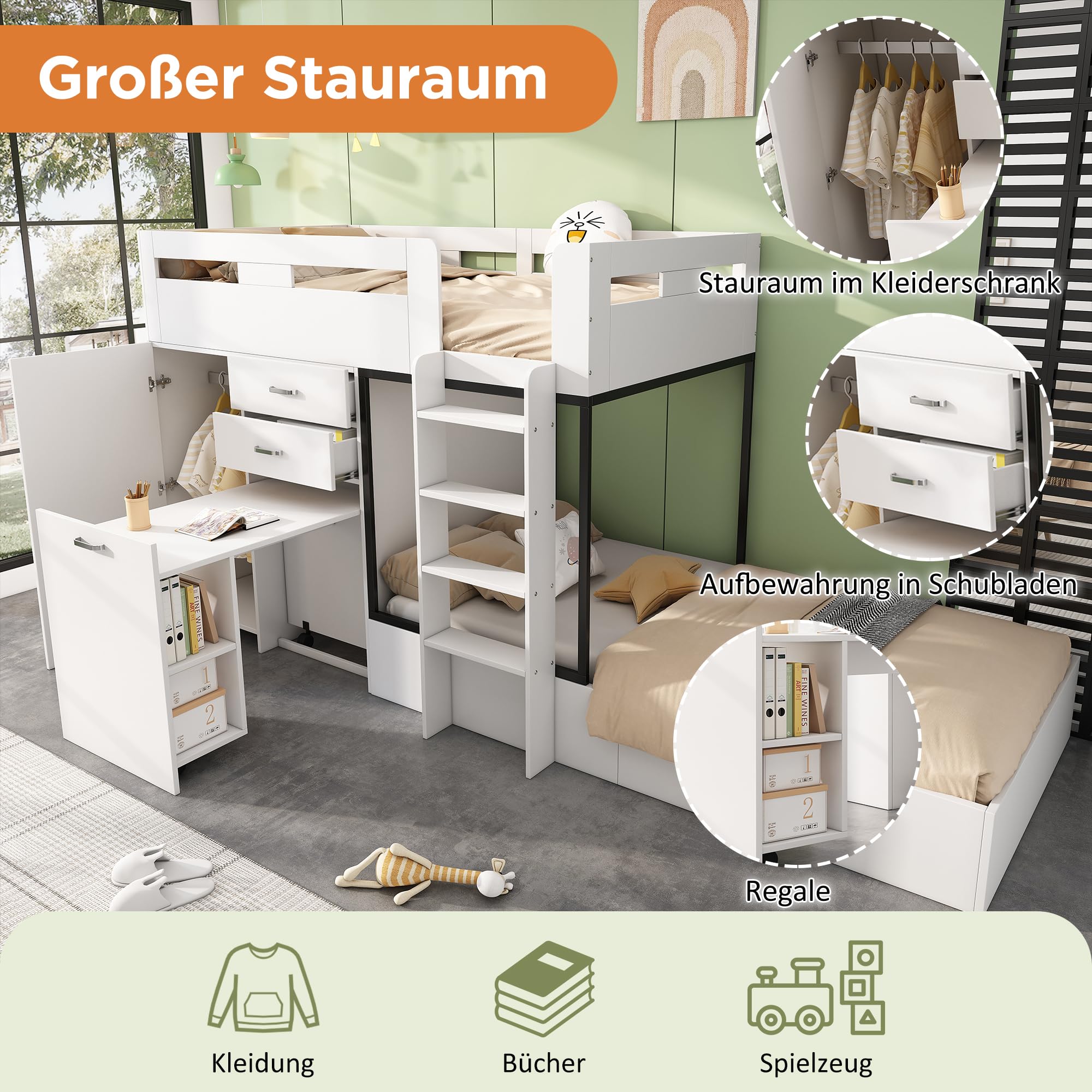 Ymkua Etagenbett Kinderbett 90x200 cm mit Stauraum, Doppelbett Bett mit Lattenrost, Hochbett mit Schreibtisch und Kleiderschrank, Jugendbett mit Schubladen, Regalen und Leiter, Weiß, Ohne Matratze