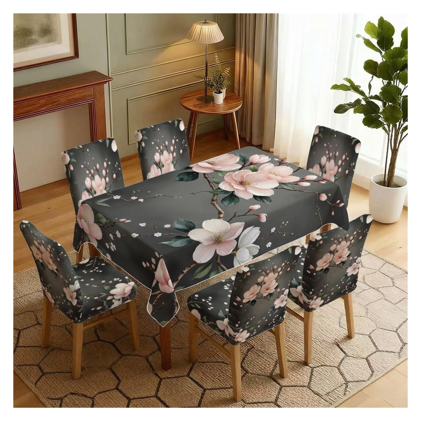 BOSUYBN Dark Base White Magnolia Floral Printed Dining Tablecloth & Chair Covers Set, 5/7 Piece Elegant Moody Vintage Home Decor Table Setting(7pcs Set: Tablecloth+Chair Covers)