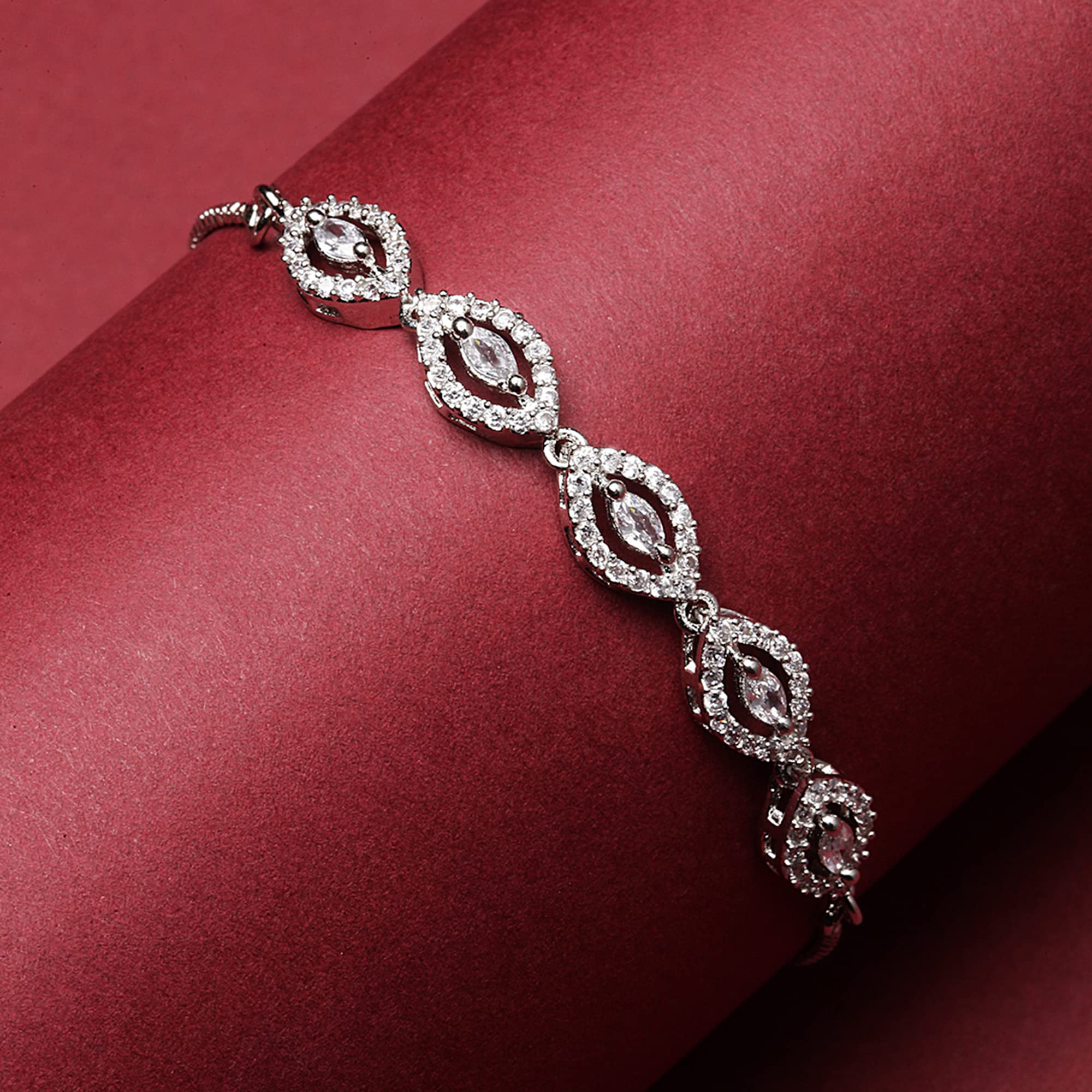ZENEME Bracelet Rhodium-Plated Silver Toned Stylish Flower Shaped Crystal American Diamond Charm Bracelet For Women and Girls 2