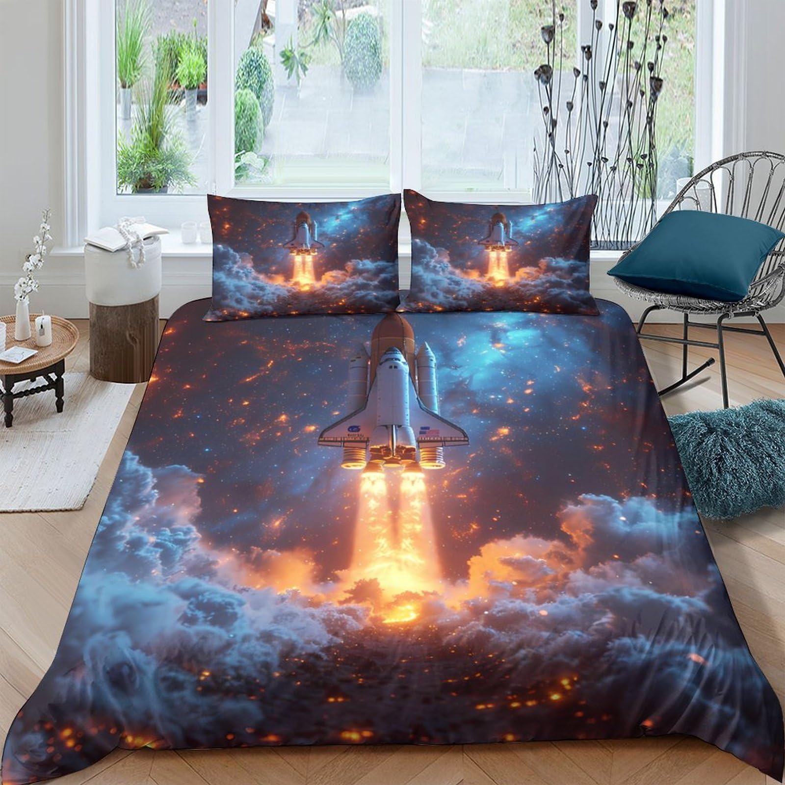 Ctjqhvkz Style-8 3D Printed Rocket Launch Fitted Sheet Microfiber Soft Breathable Cosmic Sky Mattress Cover For Bedroom Dorm Decor Single（135X200cm）