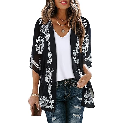 Women's Floral Print Puff Sleeve Kimono Cardigan Loose Cover Up Casual Blouse Tops