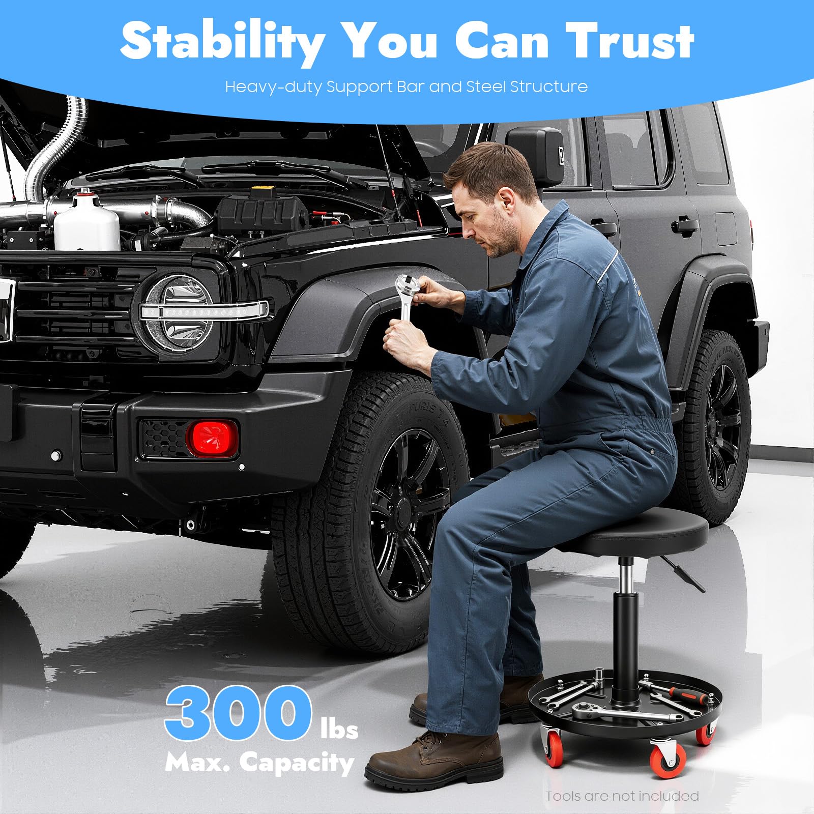 Asiento de taller, taburete de taller con ruedas, bandeja de almacenamiento, rotación de 360°, altura ajustable para reparación de coches, mantenimiento, tiendas, oficinas