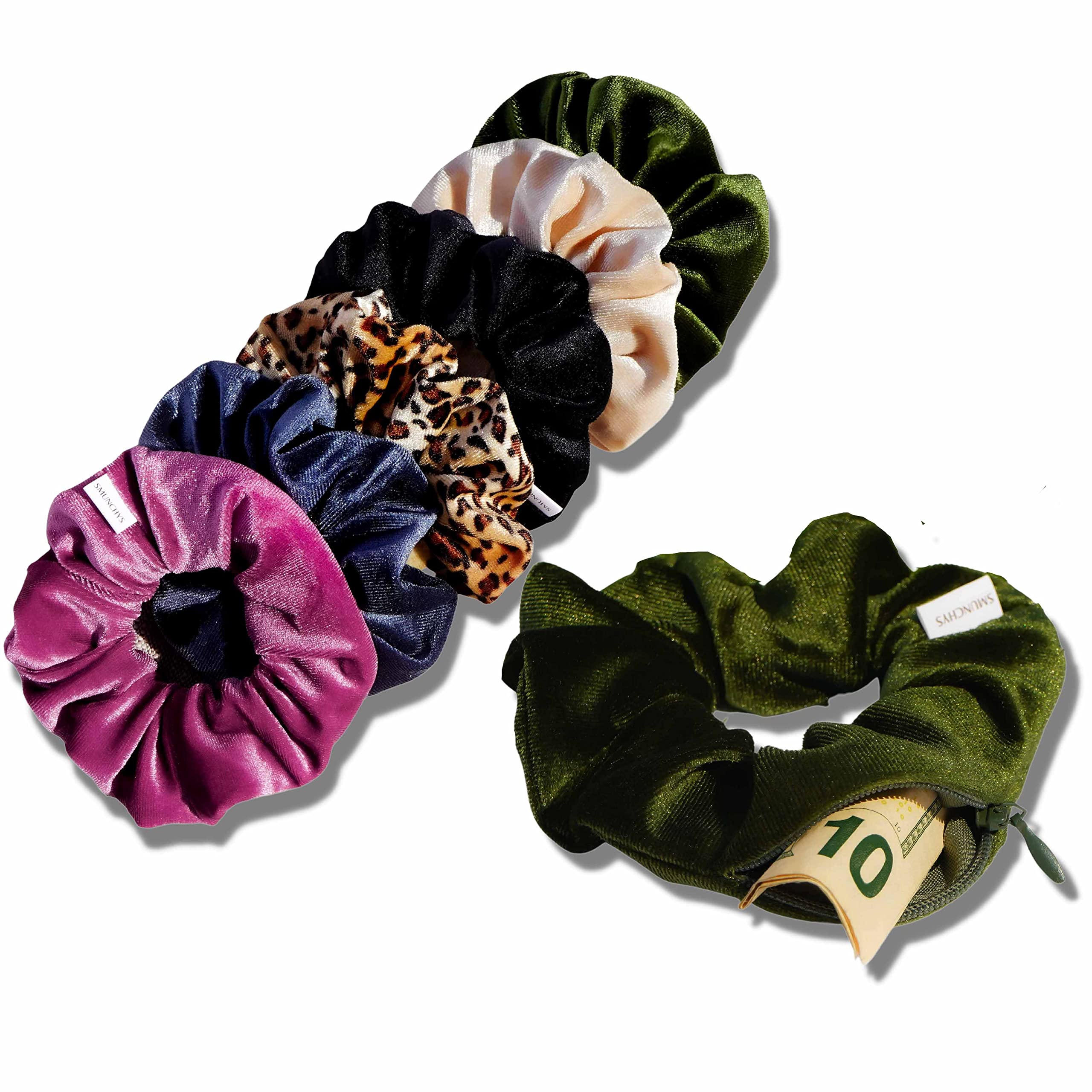 Smunchys Velvet Scrunchie Set of 6 | Hidden Zipper Pocket Storage for Cash, Keys, Chapstick | Women's Hair Accessory