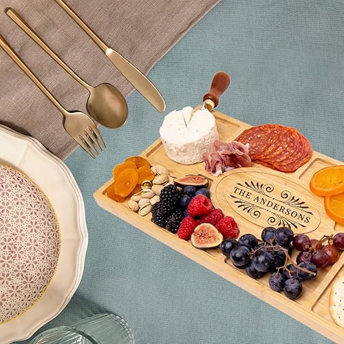 Miniatura 3 de Andaz Press Regalo de tabla de embutidos personalizada, Art Deco personalizada, bandeja de tablones de madera de bambú grabada personalizada, tabla