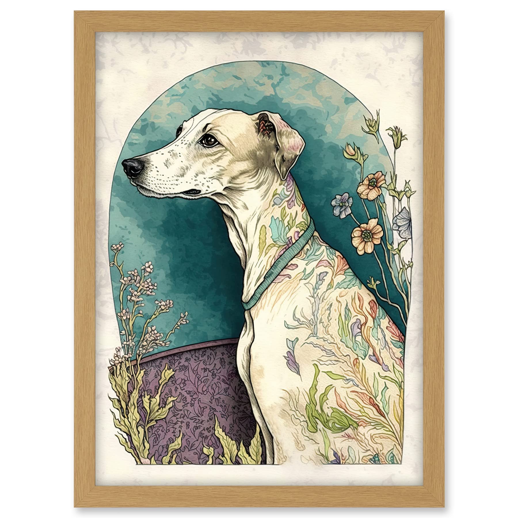 Artery8 Whippet Dog with Flowers Modern Multicoloured Watercolour Illustration Artwork Framed A3 Wall Art Print
