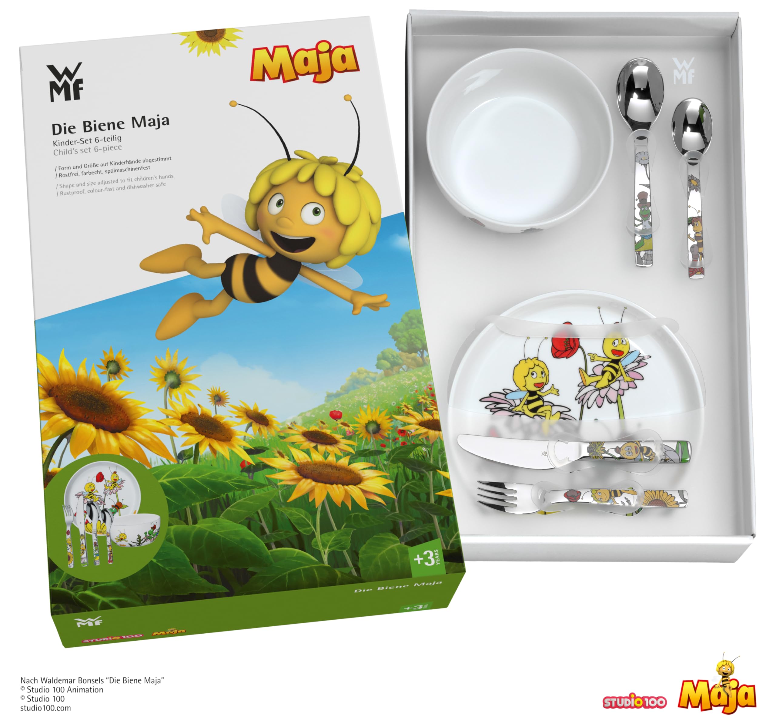 WMF Kindergeschirr Set Biene Maja 6-teilig mit Gravur – Personalisiertes Kindergeschirr mit Namen – Porzellan Teller & Schale mit Kinderbesteck – Geschenk für Mädchen und Jungen ab 3 Jahre