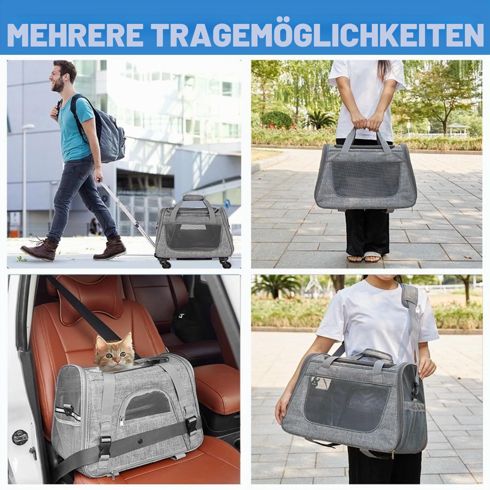 Katzentragetasche Transporttasche mit Rollen 2 in 1 Trolley Haustier Reisetasche für Katze