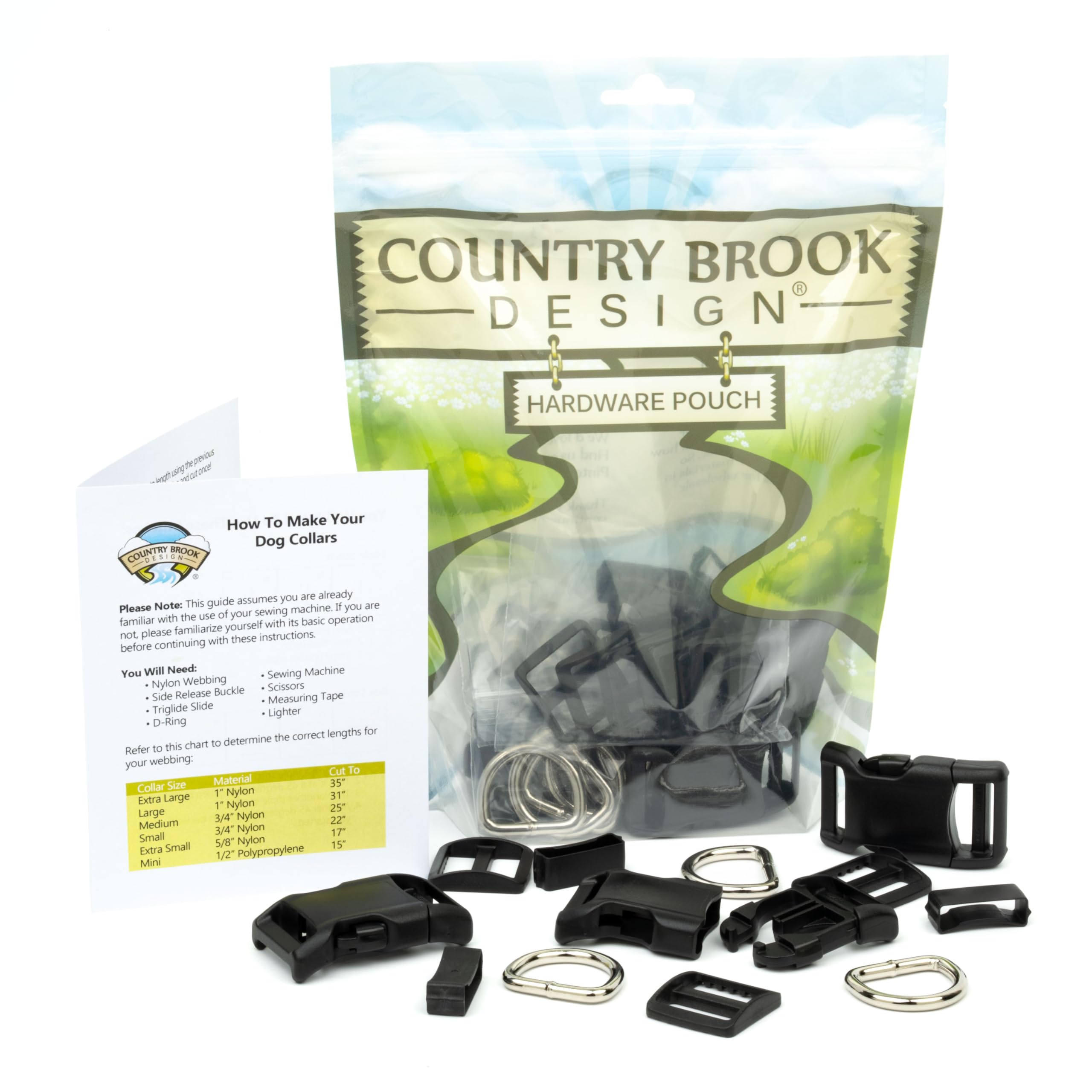 Country Brook Design Easy DIY Dog Collar Hardware Kit for (10) 3/4 Inch Collars with D-Rings, Triglides and Buckles