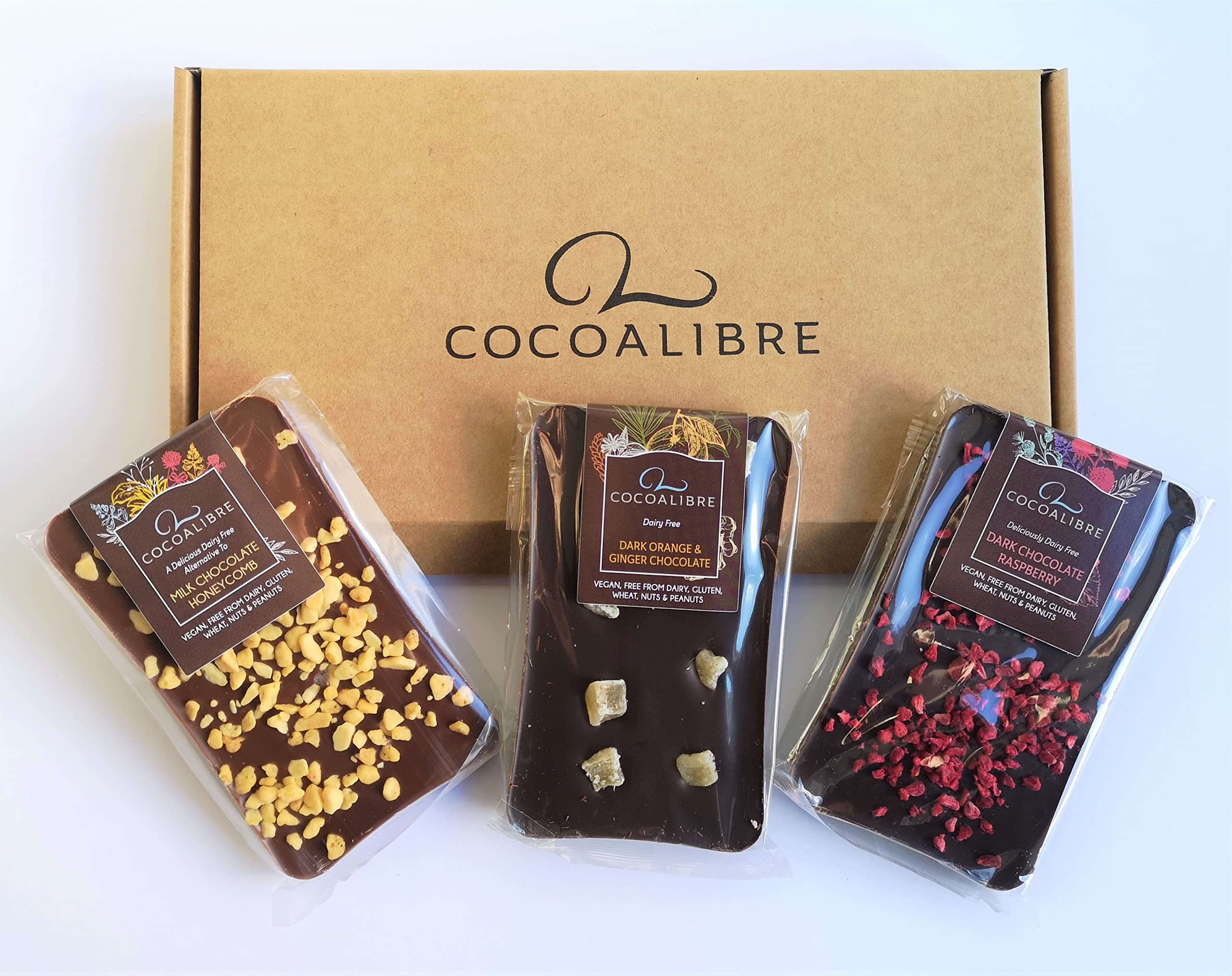 Cocoa Libre Triple Indulgence - Vegan, Dairy-Free, Nut-Free, Gluten-Free Chocolate Bars - Honeycomb, Raspberry, Orange & Ginger, 3 x 100g