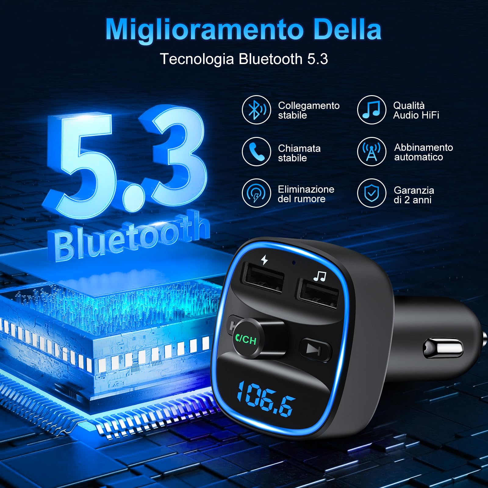 Trasmettitore FM Bluetooth 5.3 per Auto Radio, Adattatore Bluetooth Auto con 2 Porte USB, Kit Vivavoce MP3 Audio Lettore Caricabatterie Auto Supporto BT, Scheda TF, Disco USB