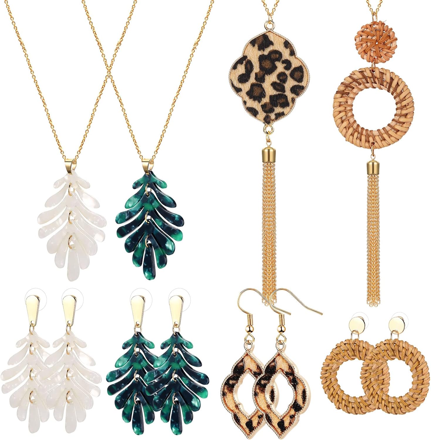 8 Pcs Boho Necklace and Earring Sets for Women Acrylic Resin Rattan Earrings Necklace Jewelry for Beach Party