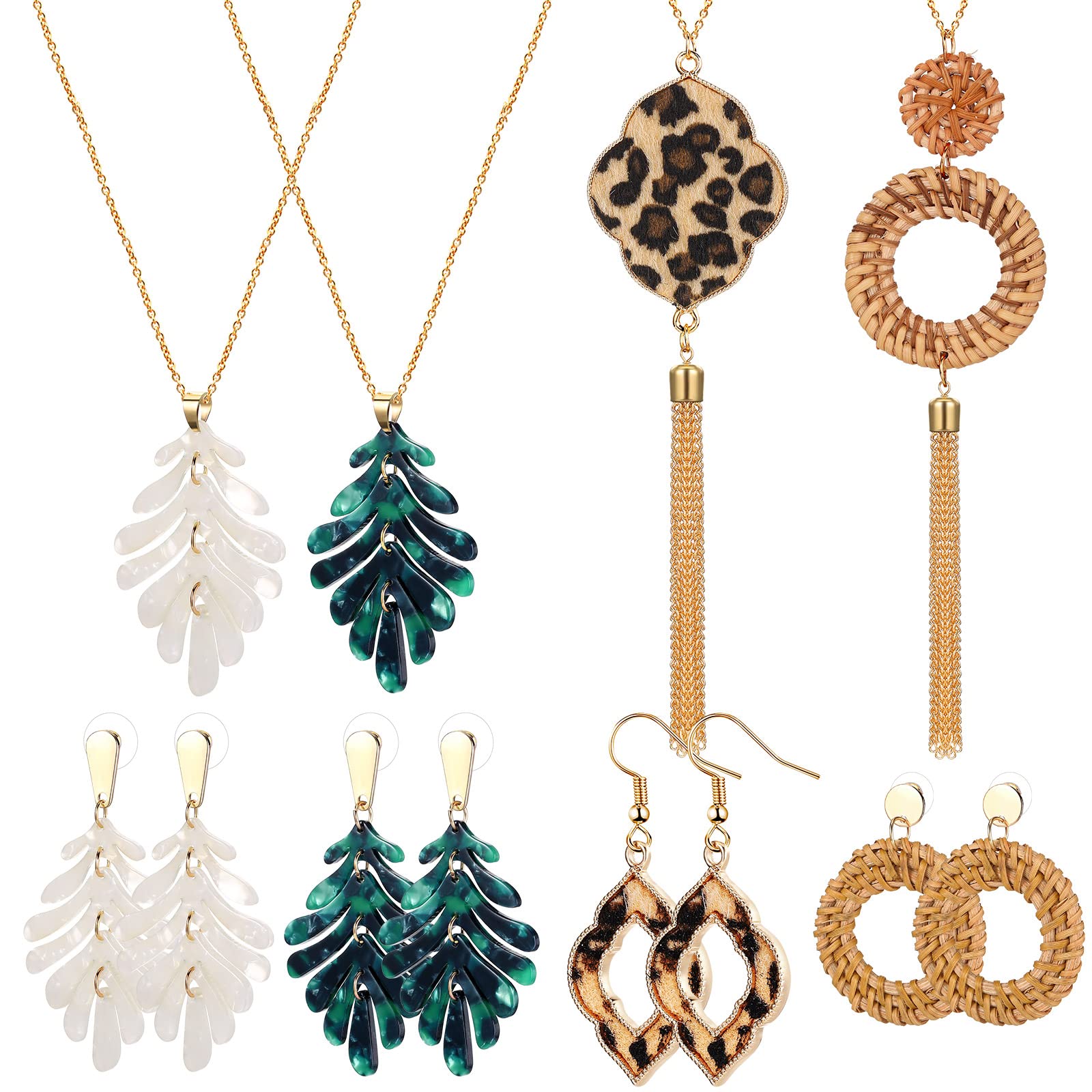 Fiada 8 Pcs Boho Necklace and Earring Sets for Women Acrylic Resin Rattan Earrings Necklace Jewelry for Beach Party